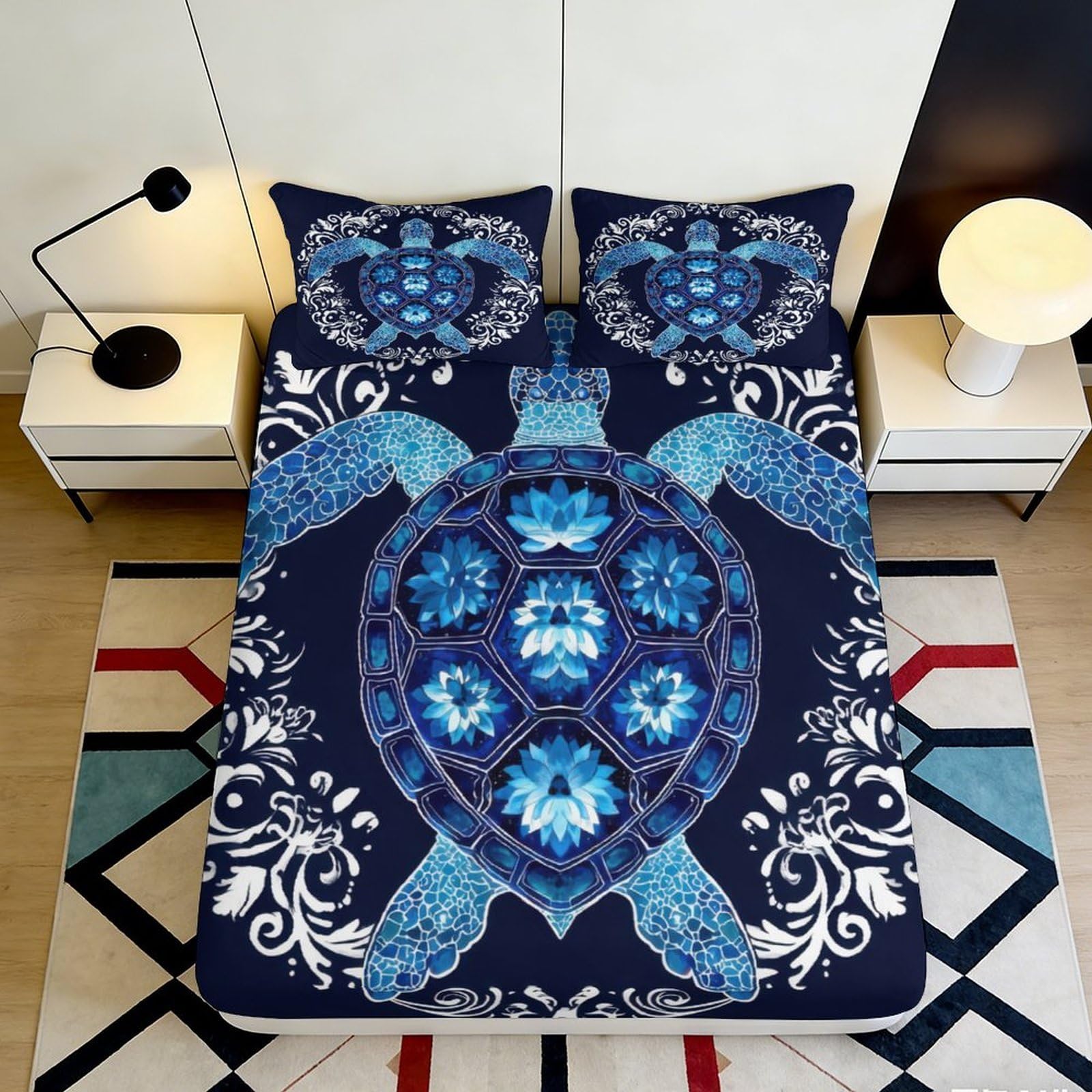 Rqzkjxnhpf Style-4 3D Printed Turtle Design Fitted Sheet Microfiber Deep Pocket Non-Slip For Adults Bedroom Bedding Turtle Mattress Fitted Cover Washable Protection 200X200x25cm 90X200x25cm