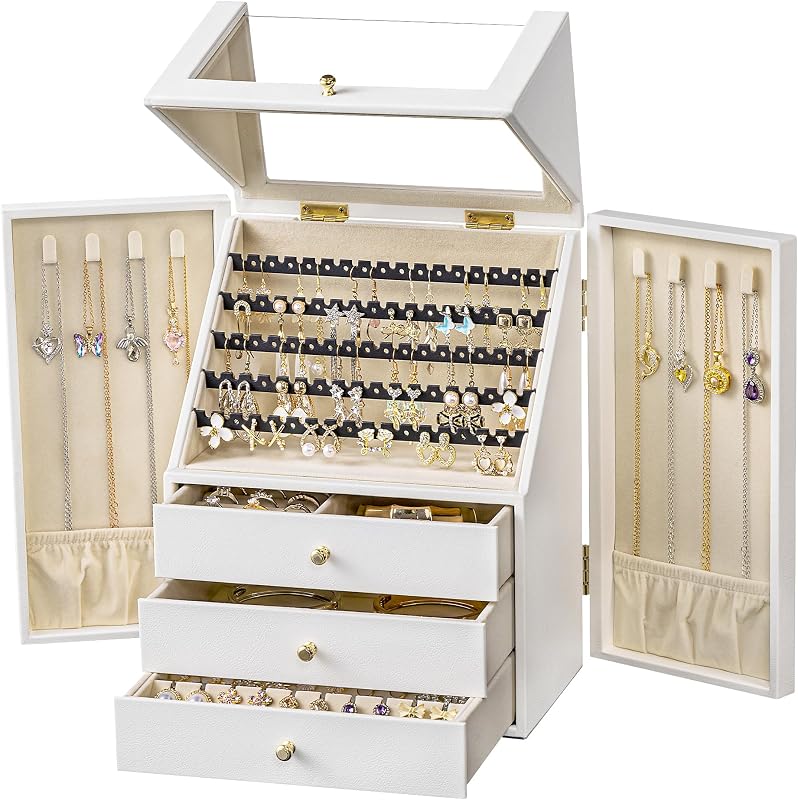 Jewelry Organizer Box for Women with Earring and Necklace Storage | Jewelry Box Organizer,Multi-Tier Drawers,Side Necklace Doors,Clear Window,Earring Display,Leather Finish