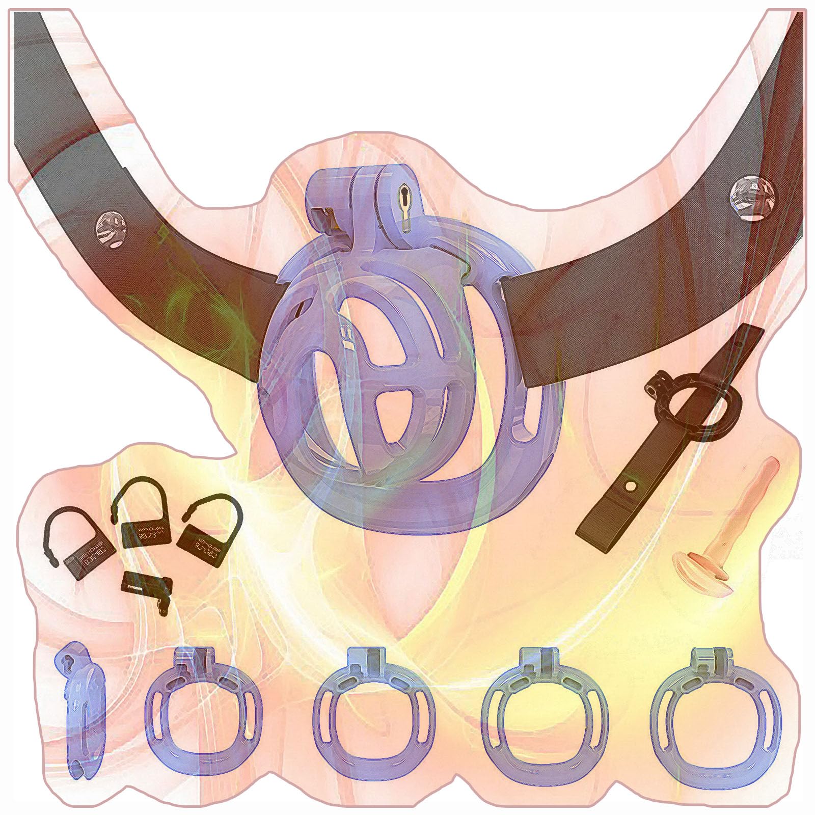 Male Flat Protection Cage Set with 4 Sizes Rings and Waist Belt -UKHA27 (M1L)