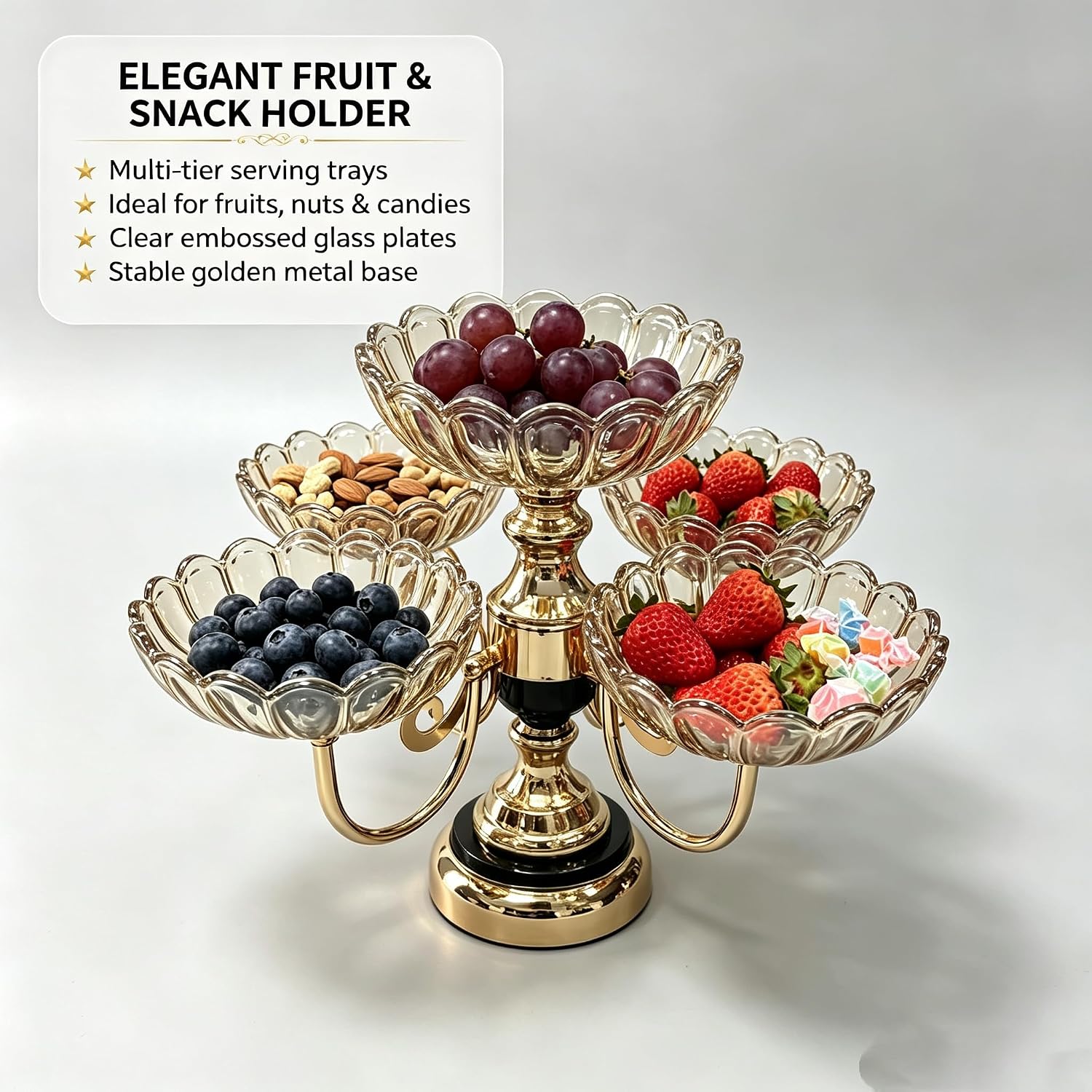 Rotatable 5 Plate Amber Electroplated Glass Fruit Serving Stand 1 Large Fixed Bowl 4 Rotatable Small Bowls Gold Metal Snack Tray Decorative Candy Nut Dessert Display for Dining Table Home Party Decor