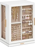 Glimmloop 360° Rotating Jewelry Organizer Box with 7 Drawers, Glass Windows, Dustproof White Storage Case