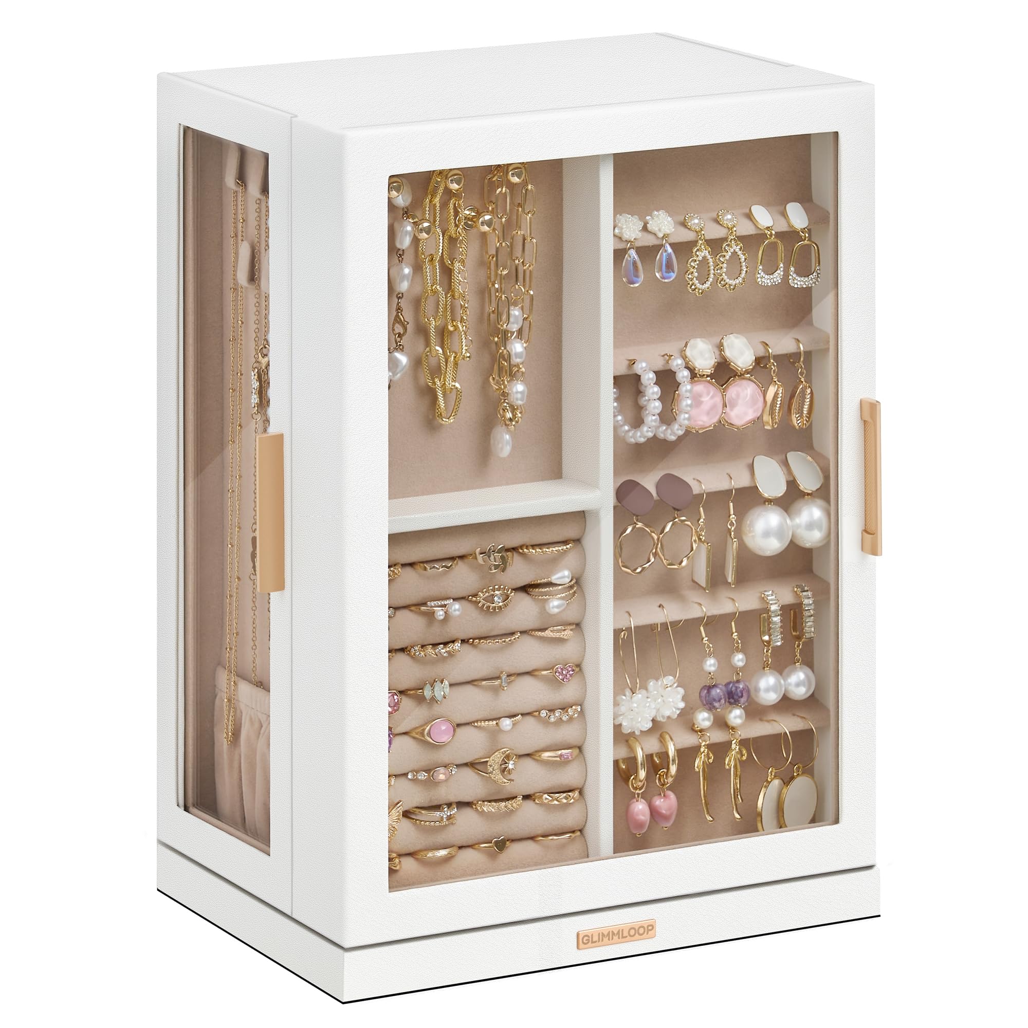 Glimmloop 360° Rotating Jewelry Box with 7 Drawers, Spacious Vertical Jewelry Organizer with Glass Window, Jewelry Storage Case, Dustproof & Moisture-resistant Design, White