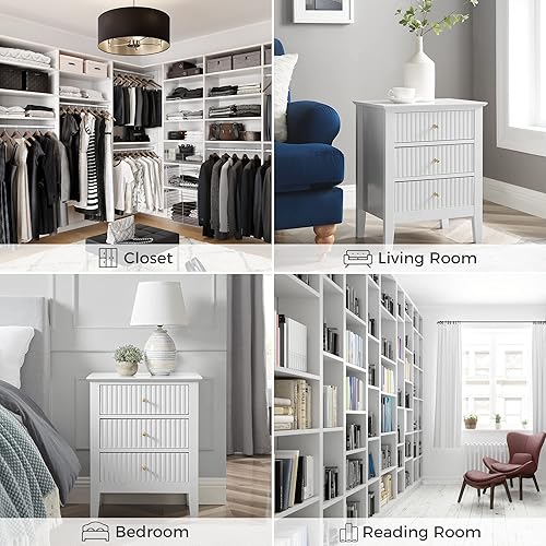 Miniatura 8 de OCANDO Mesa auxiliar de cama blanca con 3 cajones de 19 pulgadas de ancho, mesita de noche para dormitorio de 24 pulgadas de alto, mesita de noche