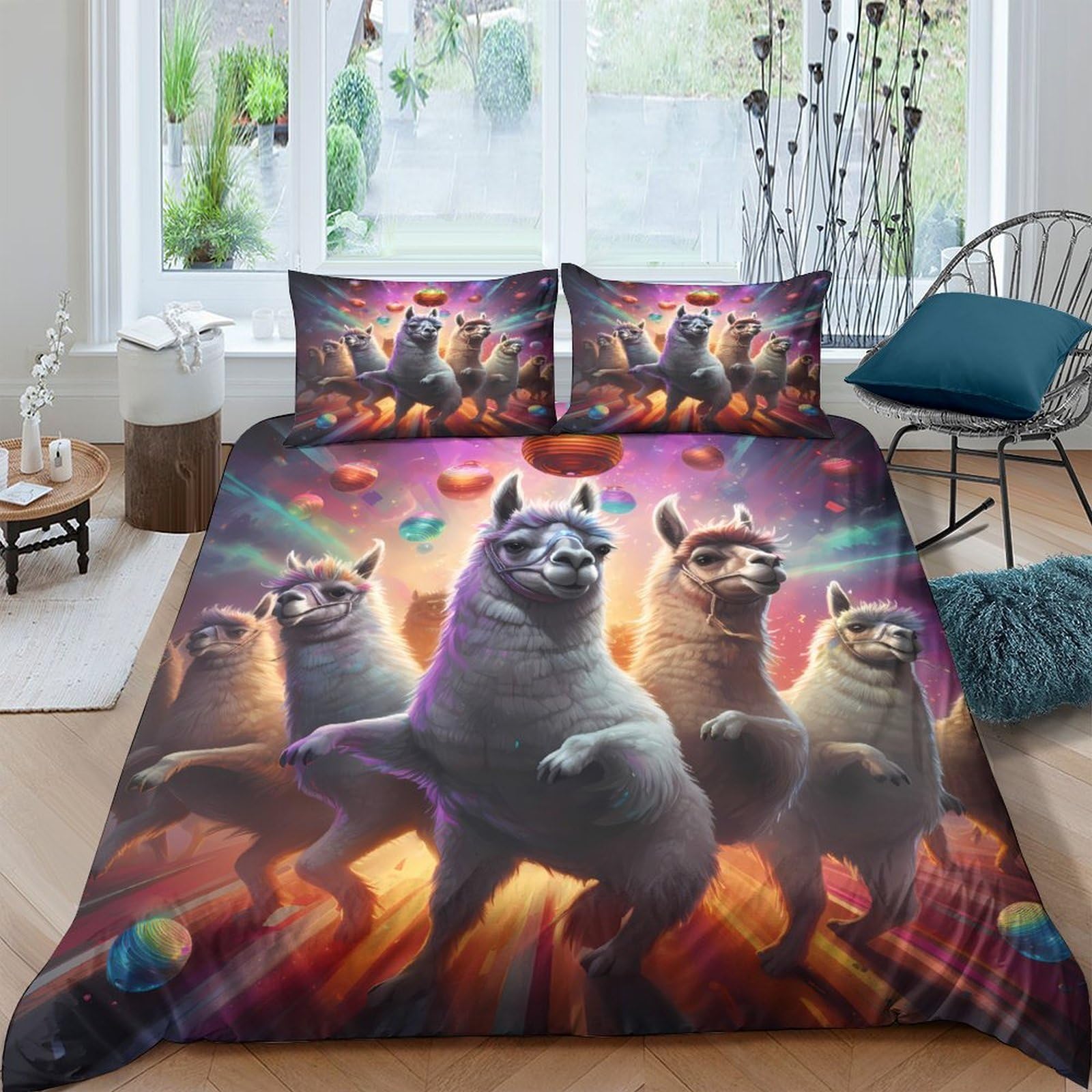 GPLZQXKJNH 3D Printed Funny Llama Duvet Cover Set Microfiber Soft Breathable Colourful Alpaca Bedding Set with 2 Pillowcases for Bedroom Single（135x200cm）