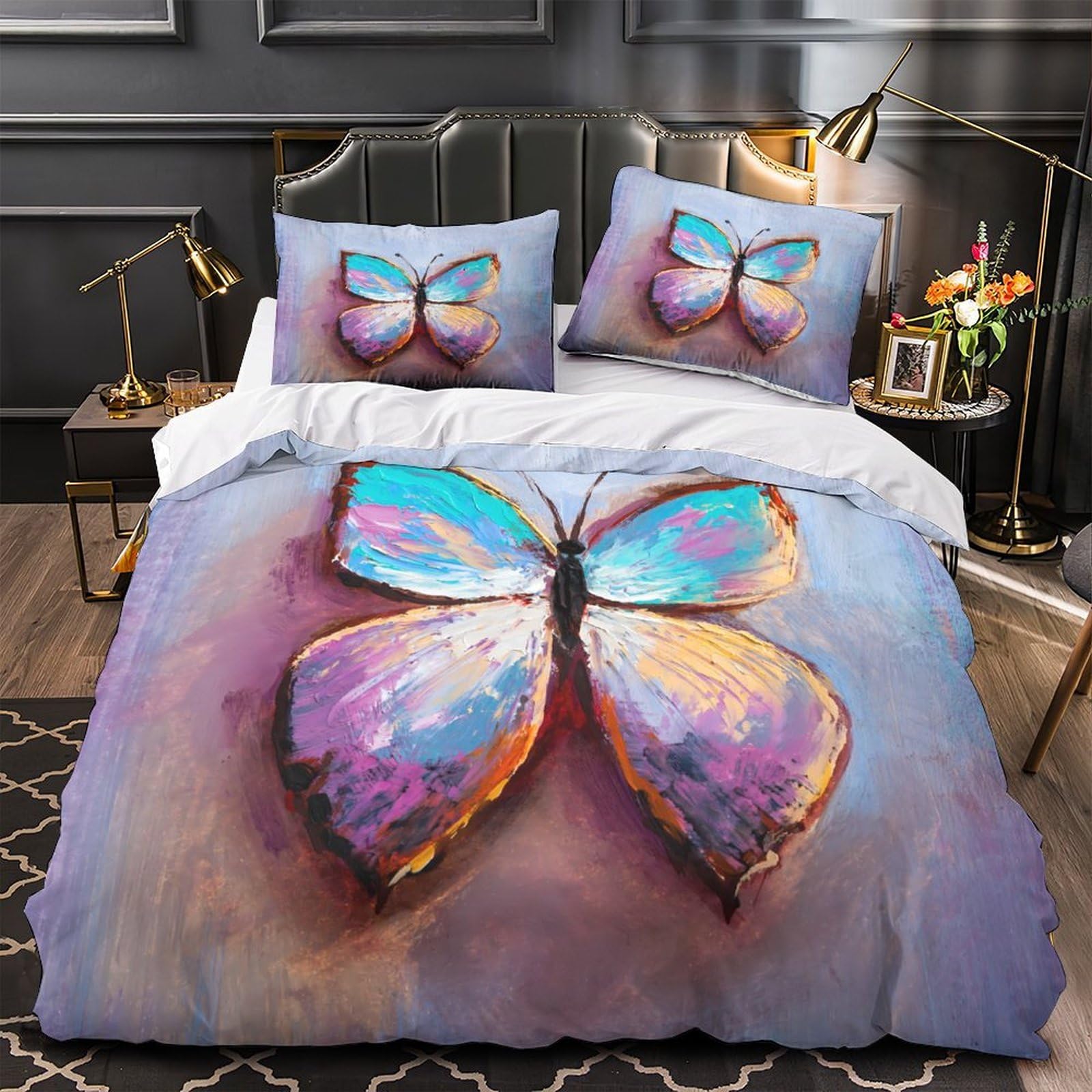 Drap de couette papillon 3D microfibre anti-décoloration avec taies d'oreiller inaltérables