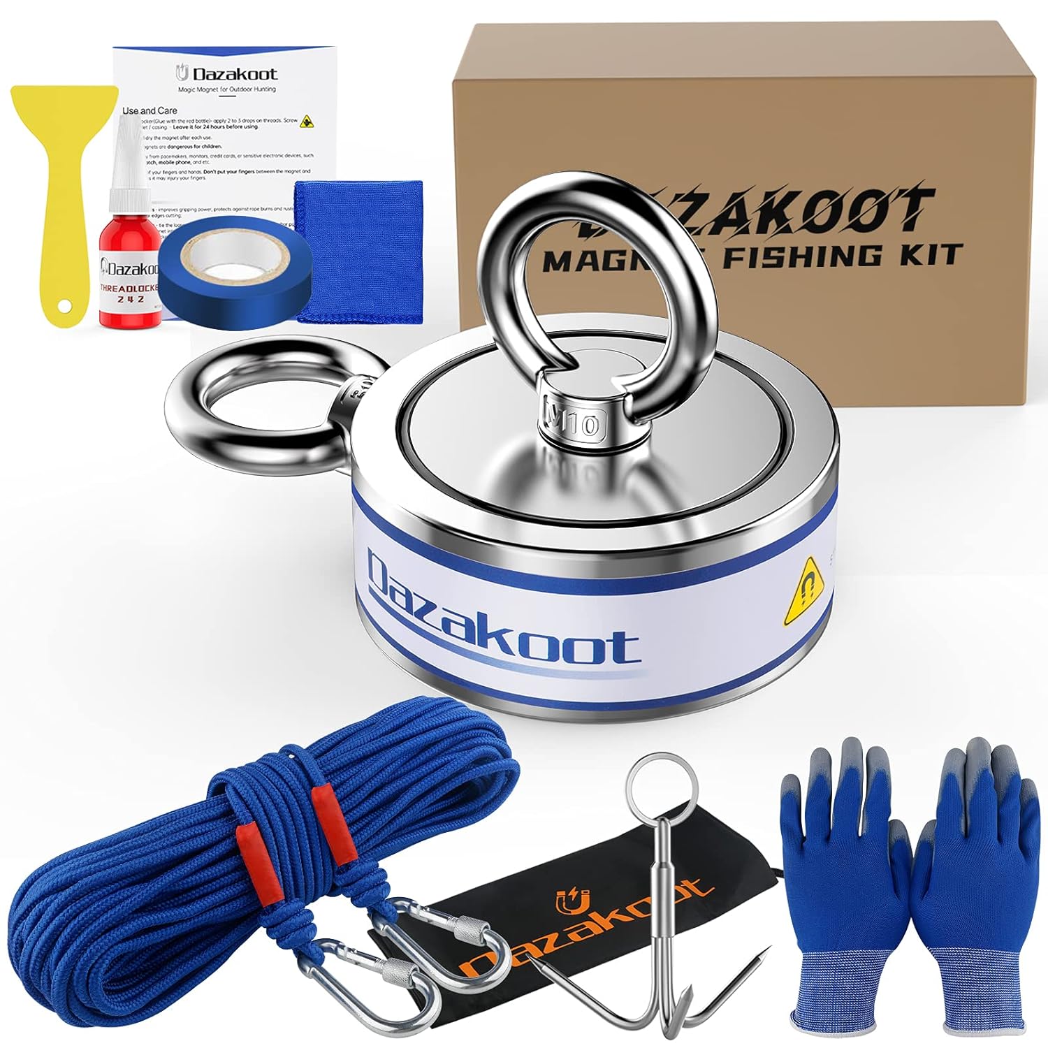 1250LBS Double Side Magnet Fishing Kit, Dazakoot Powerful Fishing Magnet Kit for Treasure Hunt, Premium Magnetic Fishing Kit with 100FT Rope, Non-Slip Glove, Threadlocker, Grappling Hook, Carring Bag