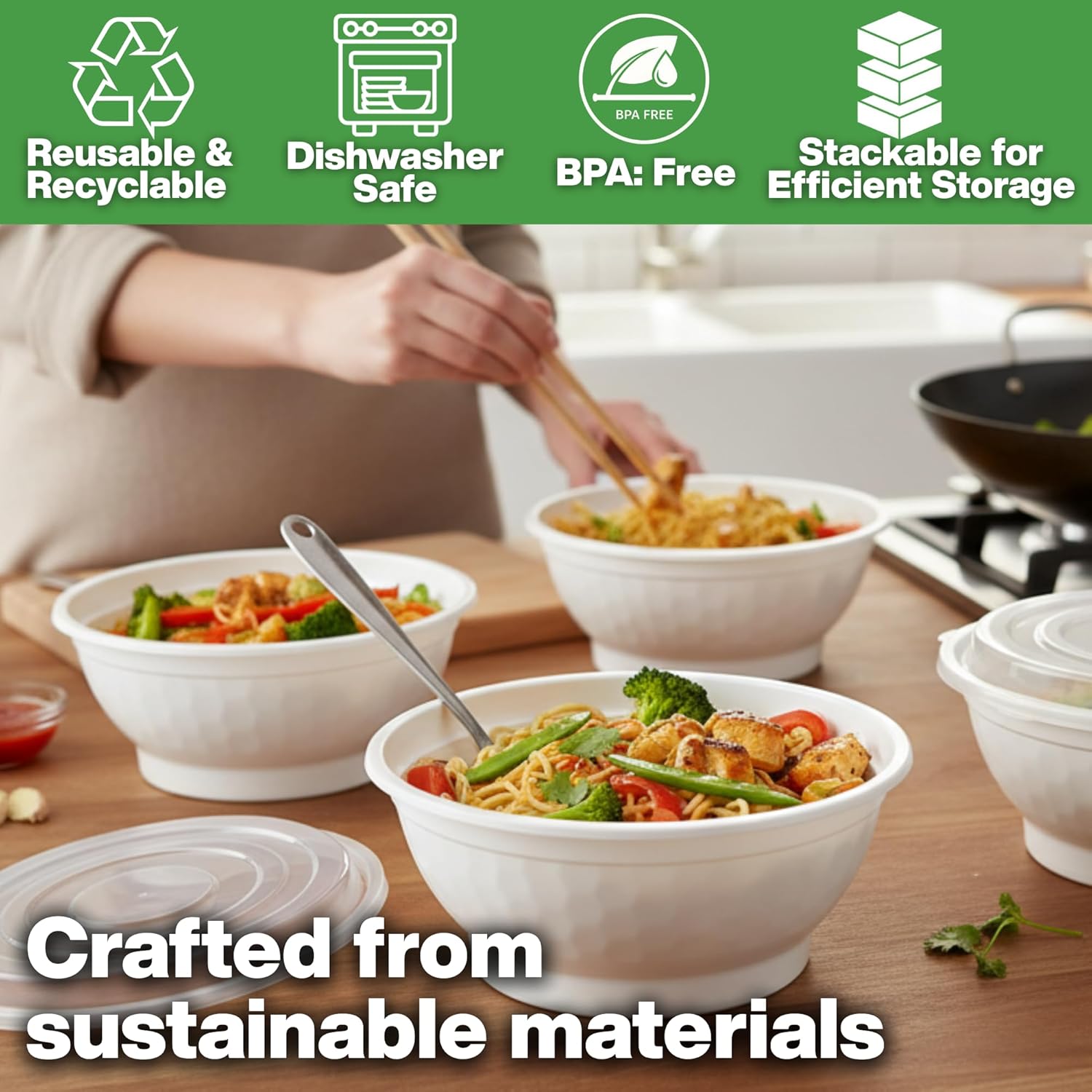 Disposable Noodle Bowls with Lids – 50 oz Microwaveable Ramen & Soup Containers, Leak-Resistant, BPA-Free, Stackable Food Storage for Restaurants & Takeout – 120 Sets, White