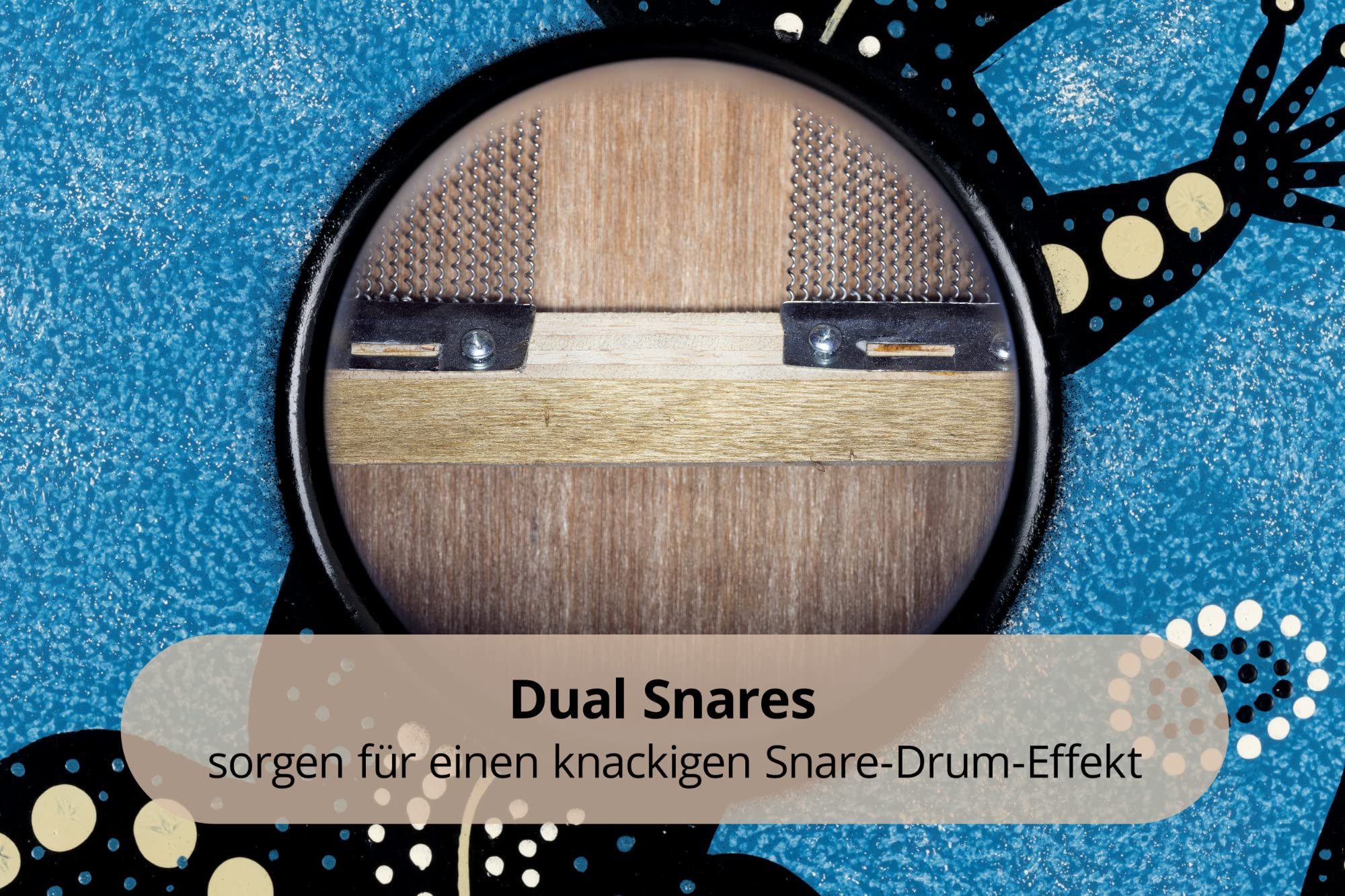 XDrum Design Series Cajon “Gecko” - Handbemalte Designer-Cajon mit Dot Art-Geckos - Integrierter Bass Port - Korpus aus HPL (High Pressure Laminate) - Fest installierter Snare-Teppich