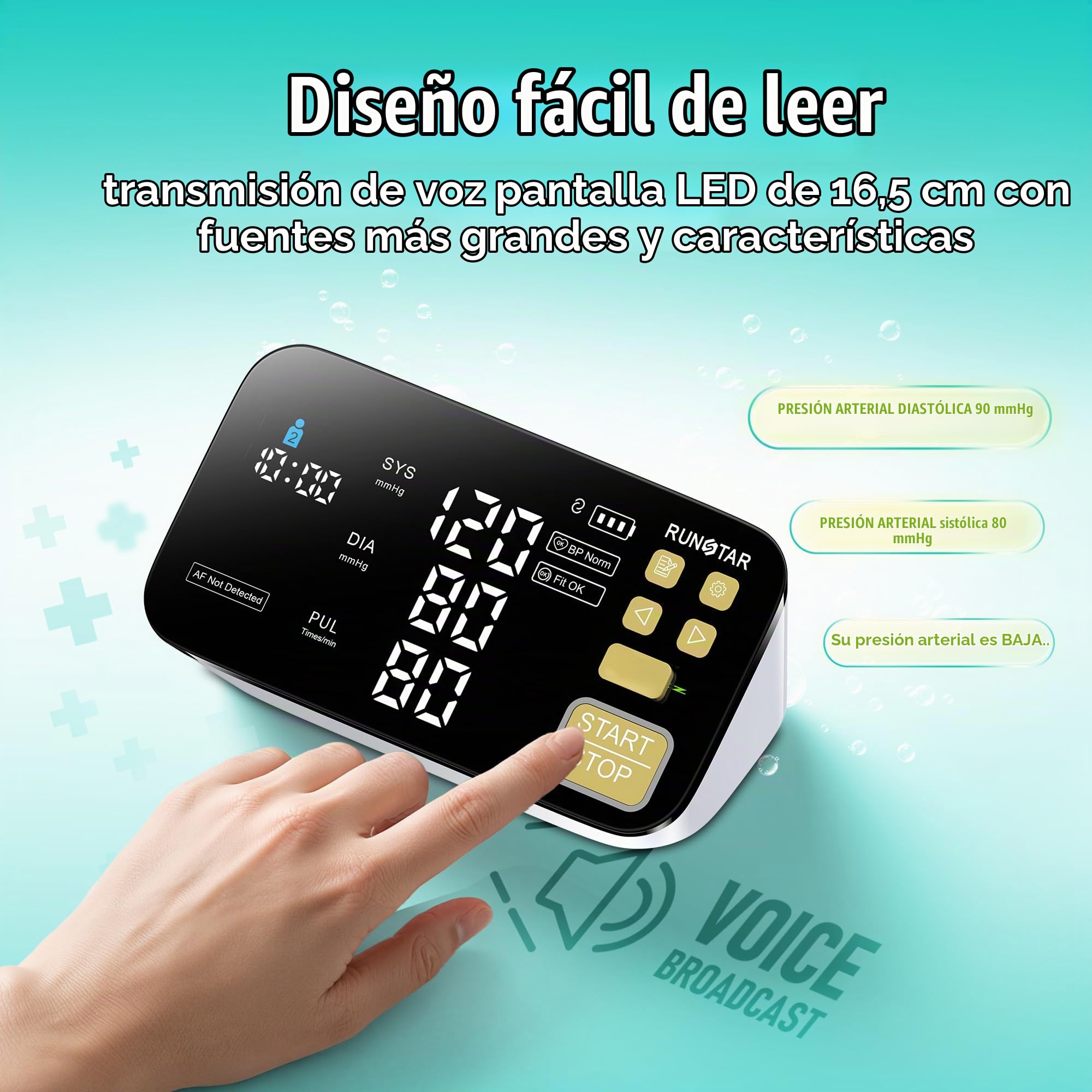 RunStar Tensiómetro inteligente para uso doméstico, con manguito ancho para el brazo, compatible con FSA y HSA, pantalla LED nítida de 6,5", detección de fibrilación auricular, conectividad con app