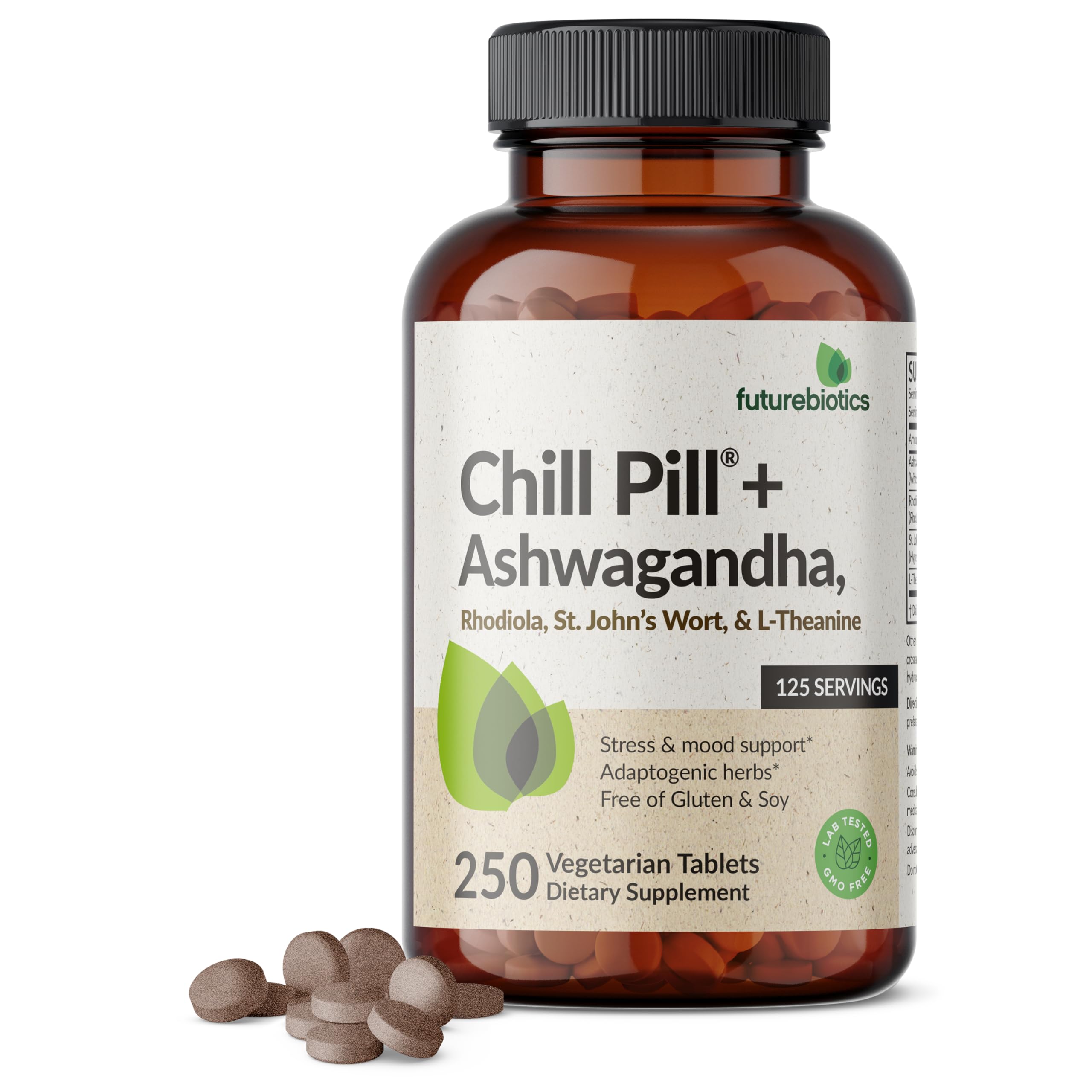 Futurebiotics Chill Pill + Ashwagandha, Rhodiola, St. John’s Wort, & L-Theanine - Non-GMO, 250 Vegetarian Tablets