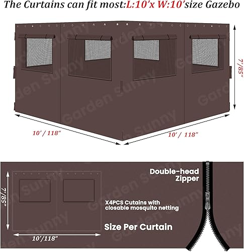 Miniatura 2 de Cortinas de Cenador 10'x10' Cortinas Universales de Privacidad de Repuesto para Cenador con Ventanas Anti-Mosquitos - Pantalla Cerrable con