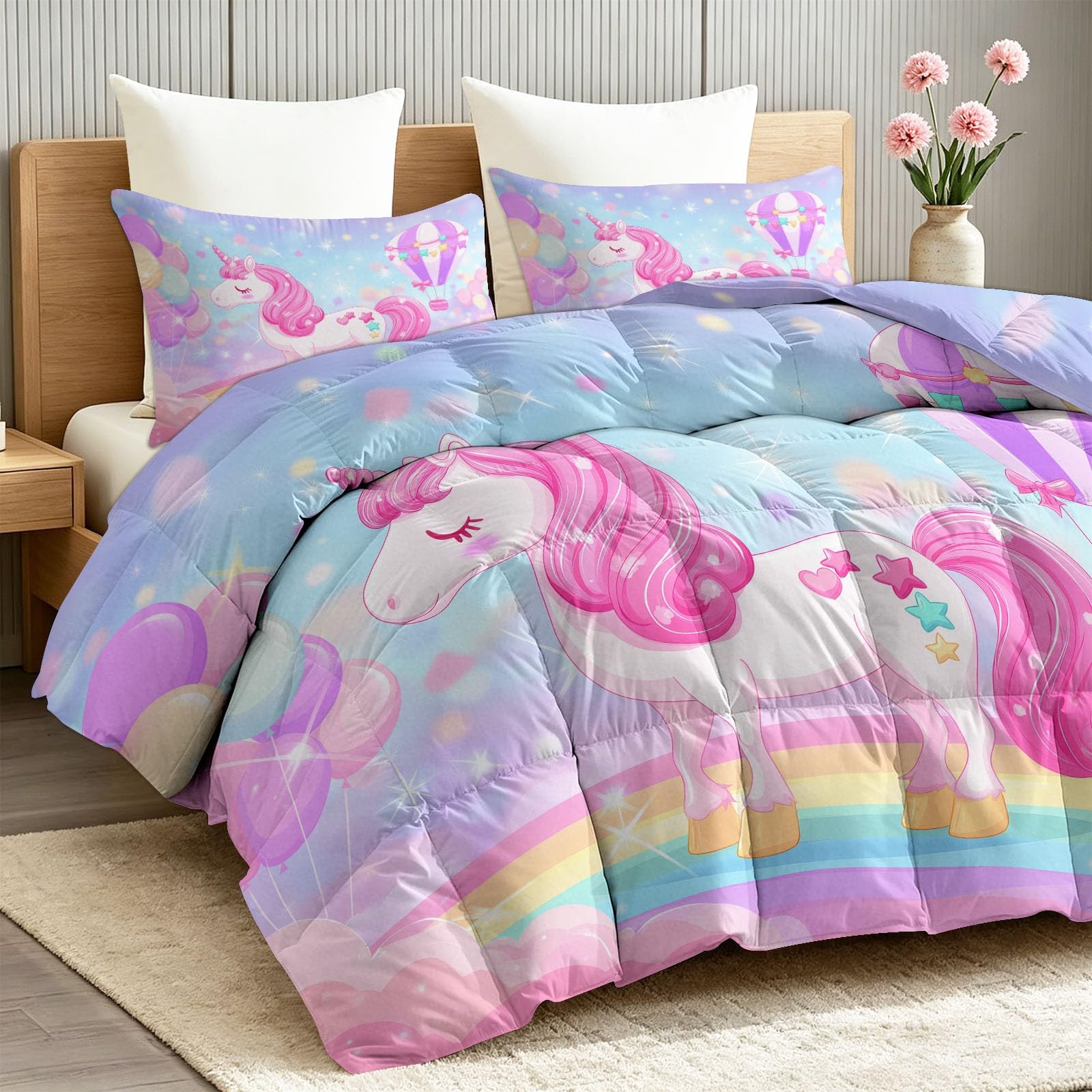 Piumino estivo per letto matrimoniale, stampa magica con unicorno e stelle, 4,5 tog, imbottitura da 200 g/m², leggero e delicato sulla pelle, lavabile in lavatrice, per camera da letto delle ragazze