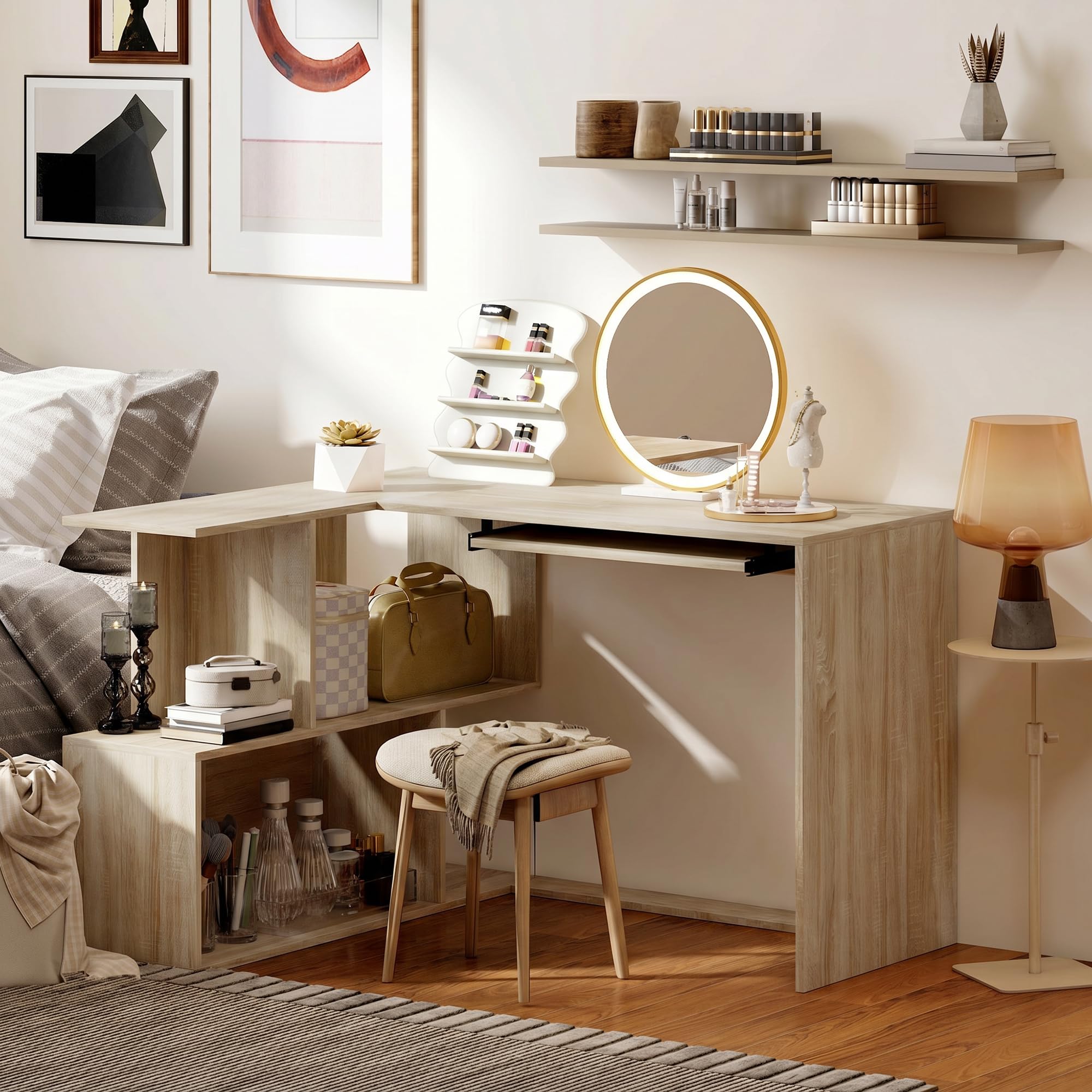 HOMCOM Bureau d'angle avec Plateau pour Clavier en L 120 x 100 cm Naturel