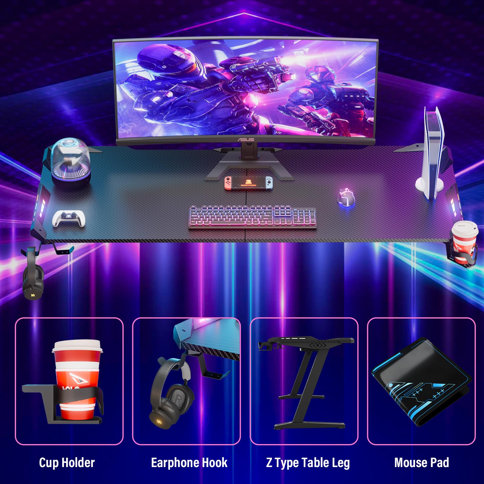 Himimi Scrivania Gaming LED 160 x 70 CM, Tavolo Gaming Ergonomica, Postazione Gaming Dotato con Piano del Tavolo in Fibra di Carbonio, Scrivania per Computer con Porta Bicchiere e Ganci per Cuffie