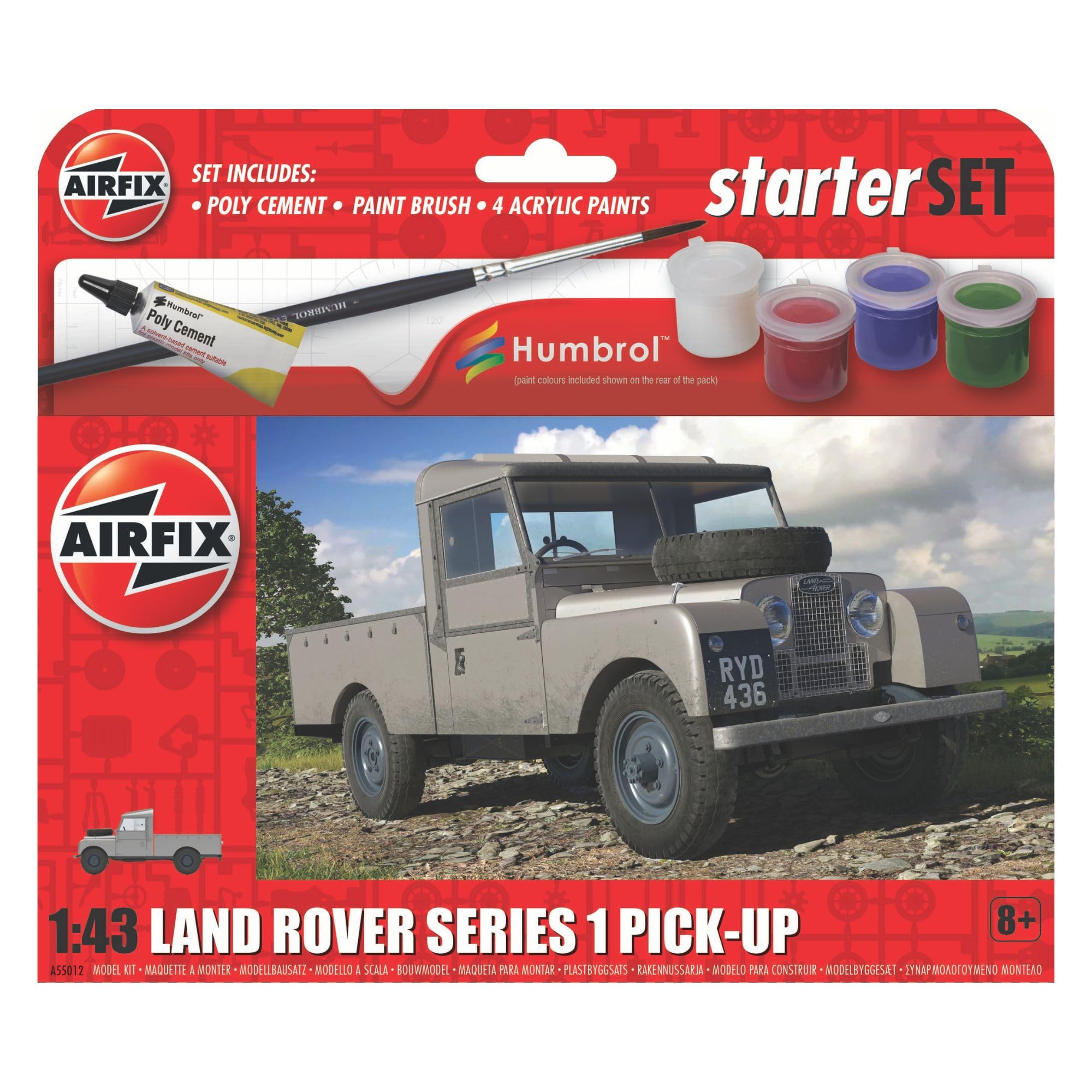 Airfix Starter Set - A55012 Land Rover Series 1 Pick-Up Model Building Kit - Plastic Model Car Kits for Adults & Children 8+, Set Includes Decals, Humbrol Acrylic Paints, Brush & Poly Cement