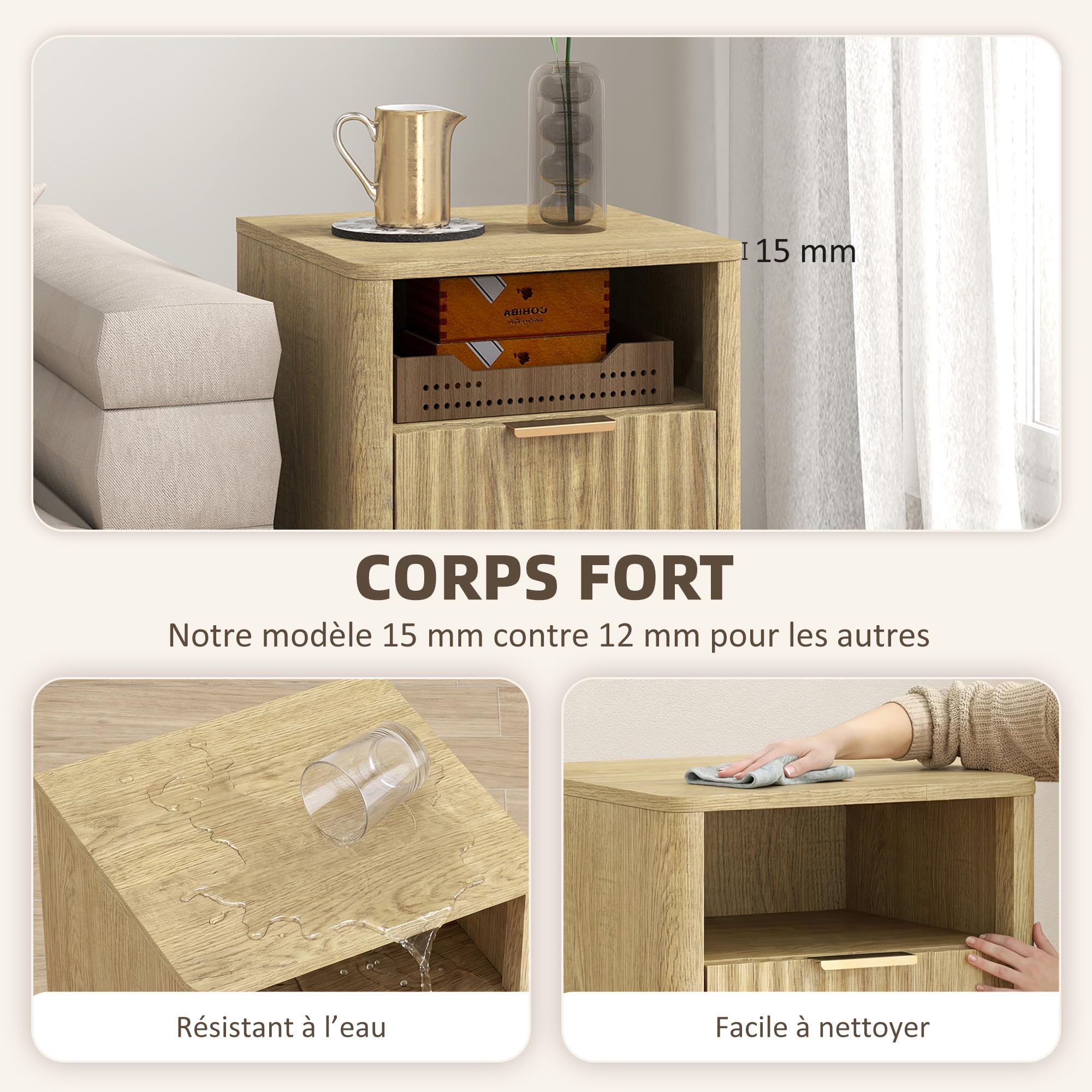 HOMCOM – Juego de 2 mesitas de noche, mesitas de noche con 2 cajones y compartimento abierto, esquinas redondeadas, texturizadas en olas, patas de madera maciza, estilo moderno, para dormitorio, sala