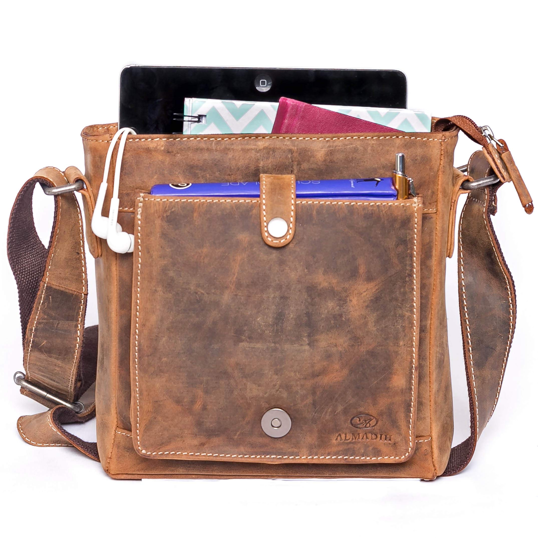 ALMADIH Leder Umhängetasche Herren LUIS perfekt für Tablet iPads 9.7 zoll - Kompakte echte Ledertasche Herren Schultertasche kleine Herrentasche Herrenhandtasche Männer braun (LUIS vintage)