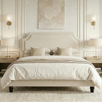 SHA CERLIN King Chenille Upholstered Platform Bed Frame, Beige | 50.6"-54.5" Tall Adjustable Minimalist Chenille Headboard, Strong Support, Noise-Free, No Box Spring Required