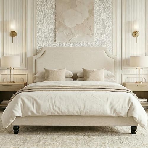 SHA CERLIN King Chenille Upholstered Platform Bed Frame, Beige | 50.6"-54.5" Tall Adjustable Minimalist Chenille Headboard, Strong Support, Noise-Free, No Box Spring Required