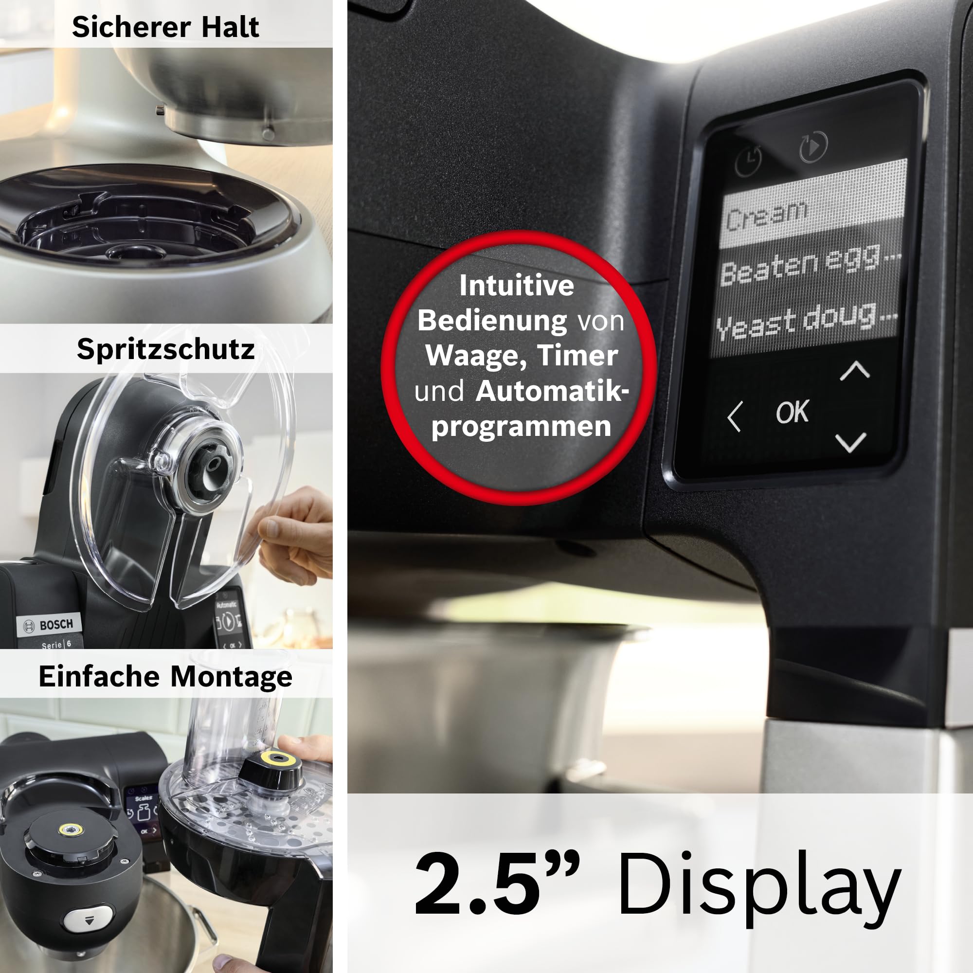 Bosch Küchenmaschine Serie 6, 7 Automatikprogramme, integr. Waage, 5,5l Schüssel, Durchlaufschnitzler, Scheiben, Knethaken/Rührbesen/Silikonbesen, spülmaschinenfest, 1600 W, silber/schwarz, MUMS6ZS13D