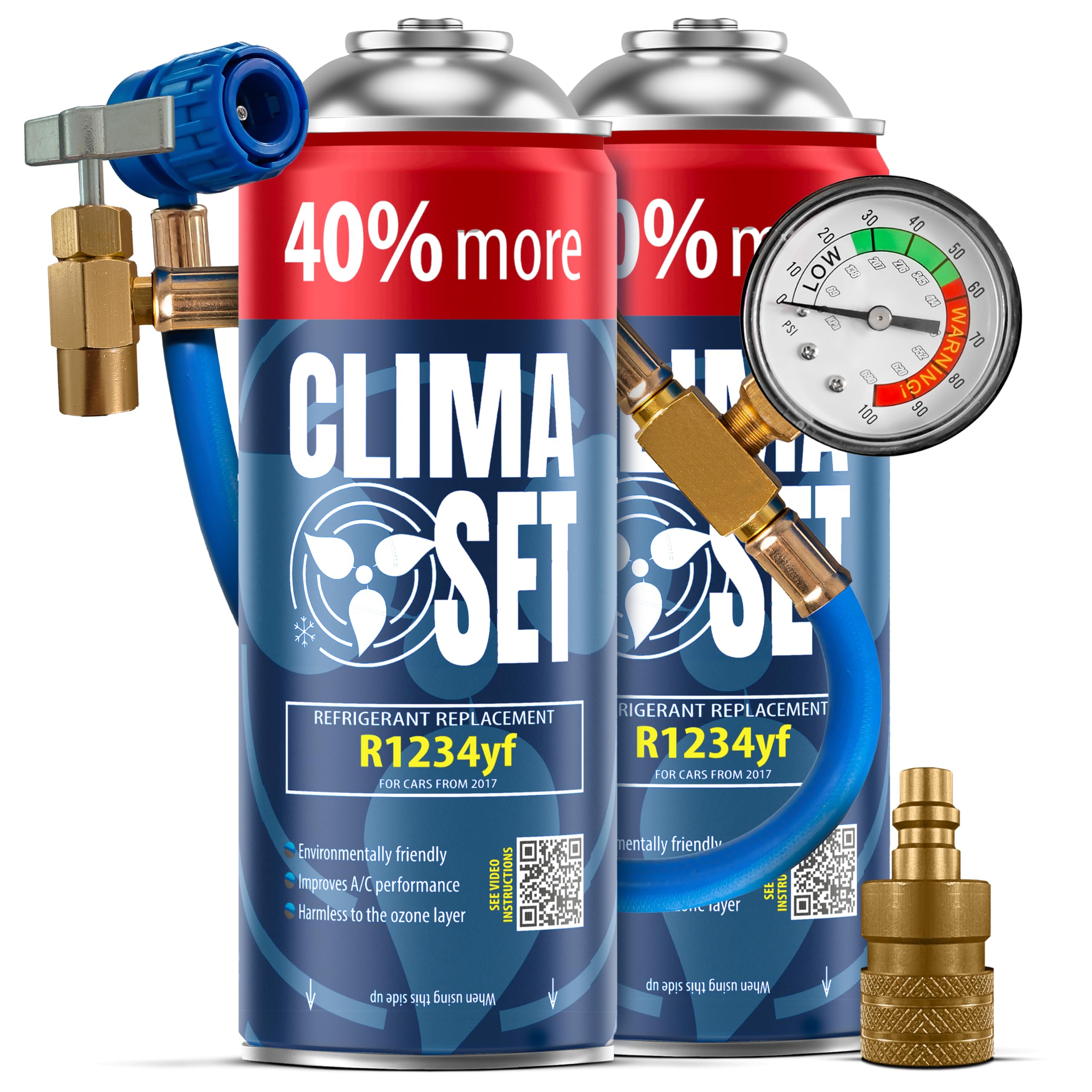 ClimaSet R1234yf - Gas di ricambio per refrigerante, condizionatore d'aria per auto, refrigerante, bombola del gas, 2 x 235 g, tubo climatizzatore, manometro, aria condizionata, adattatore HP/LP- ECO