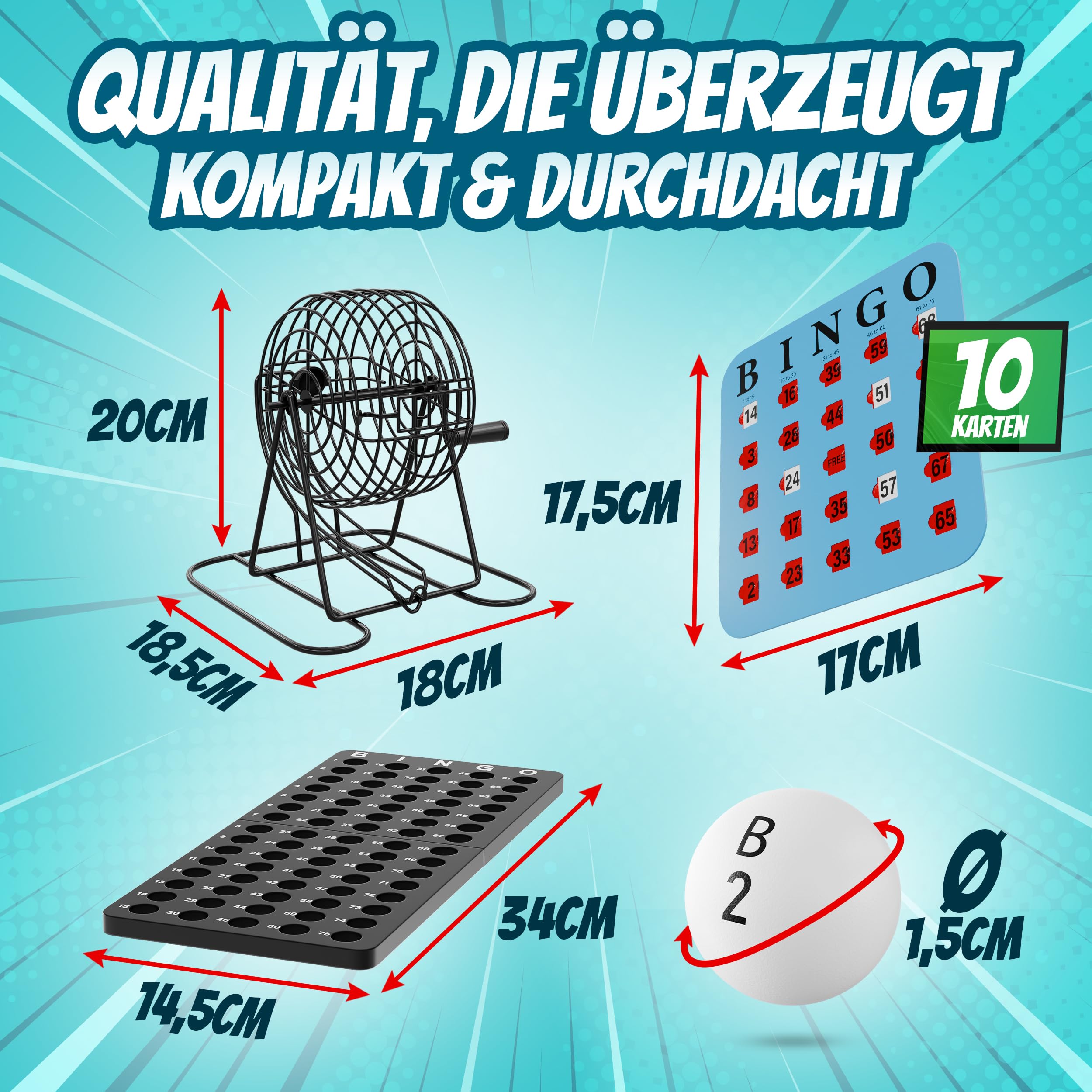 Bingo Spiel – Set mit Metalltrommel, Bingo Karten, Spielbrett & 75 Kugeln – 10 Wiederverwendbare Schiebekarten, Spiele für Senioren, Erwachsene & Kinder ab 6 – Familienspiel, Partyspiel
