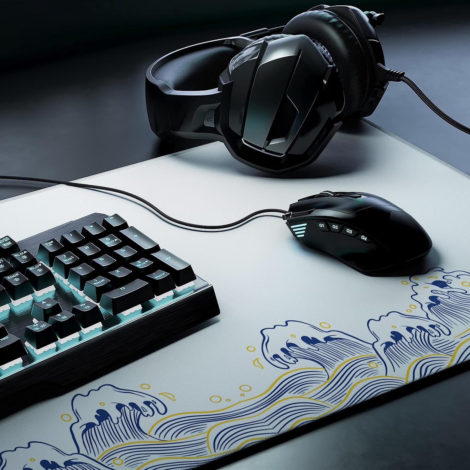LL-COEUR Sea Wave Large Gaming Mouse Pad 23.6x15.7x0.12inch Long Computer Mouse Mat with Non-Slip Base Stitched Edges Office Desk Accessories Gifts XXL