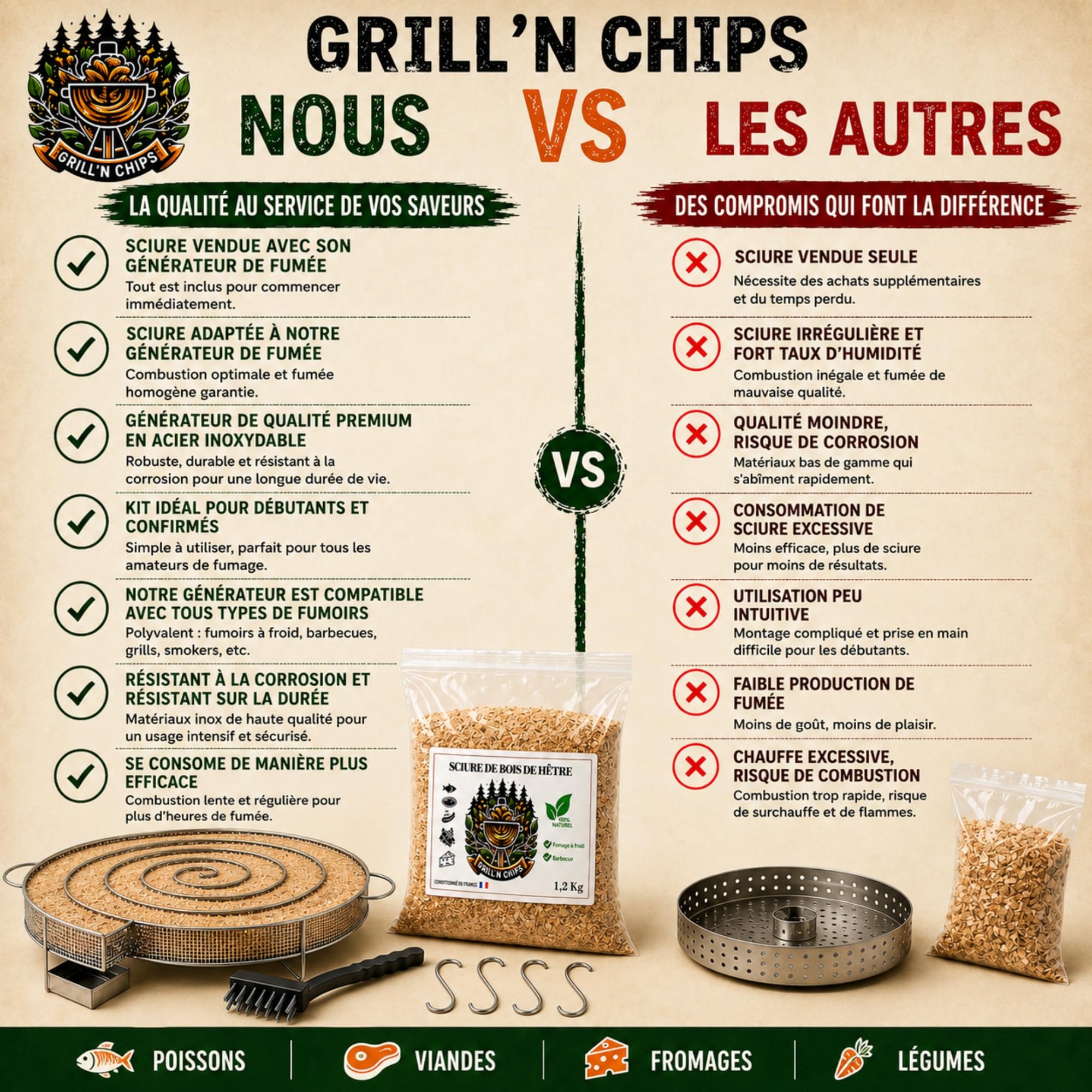 Générateur (30 cm)/Serpentin de Fumée Froide pour Fumoir Viande et Poisson + 1.2kg de Sciure de bois de hêtre + 4 crochets et 1 Brosse de nettoyage - Guide Numérique PDF à Télécharger (Offert)
