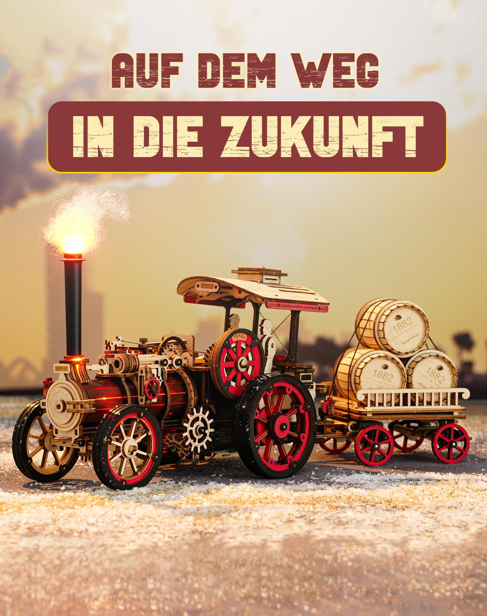 ROBOTIME Dampfmaschine Holzmodell mit 3-Gang-Antrieb & LED, LKA01 | 469 Teile, Vorwärts/Rückwärtsfahrt, Keine Schienen nötig, Abnehmbarer 4-Rad-Anhänger