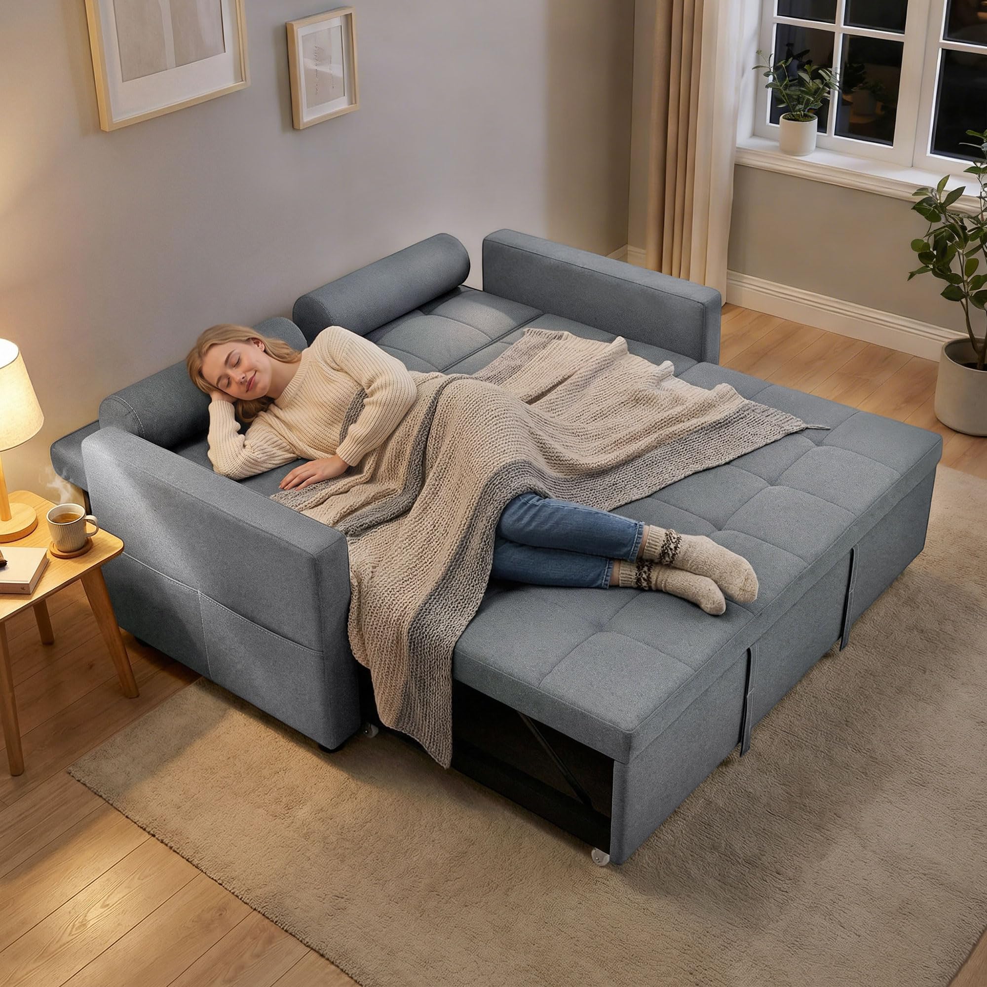 HOMCOM Sofá Cama 2 Plazas 3 en 1 con Respaldo Ajustable 6 Niveles Gris | Sofá Cama Deslizante, Tejido Lino, Bolsillos Laterales, 2 Cojines Fundas Extraíbles, para Sala de Estar, Espacios Pequeños