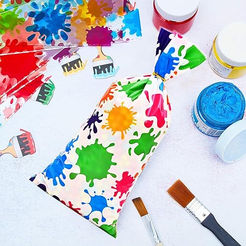 Miniatura 6 de Lecpeting 100 bolsas de regalo de pintura para artistas, coloridas impresiones de salpicaduras de pintura de celofán, bolsas de dulces de celofán,