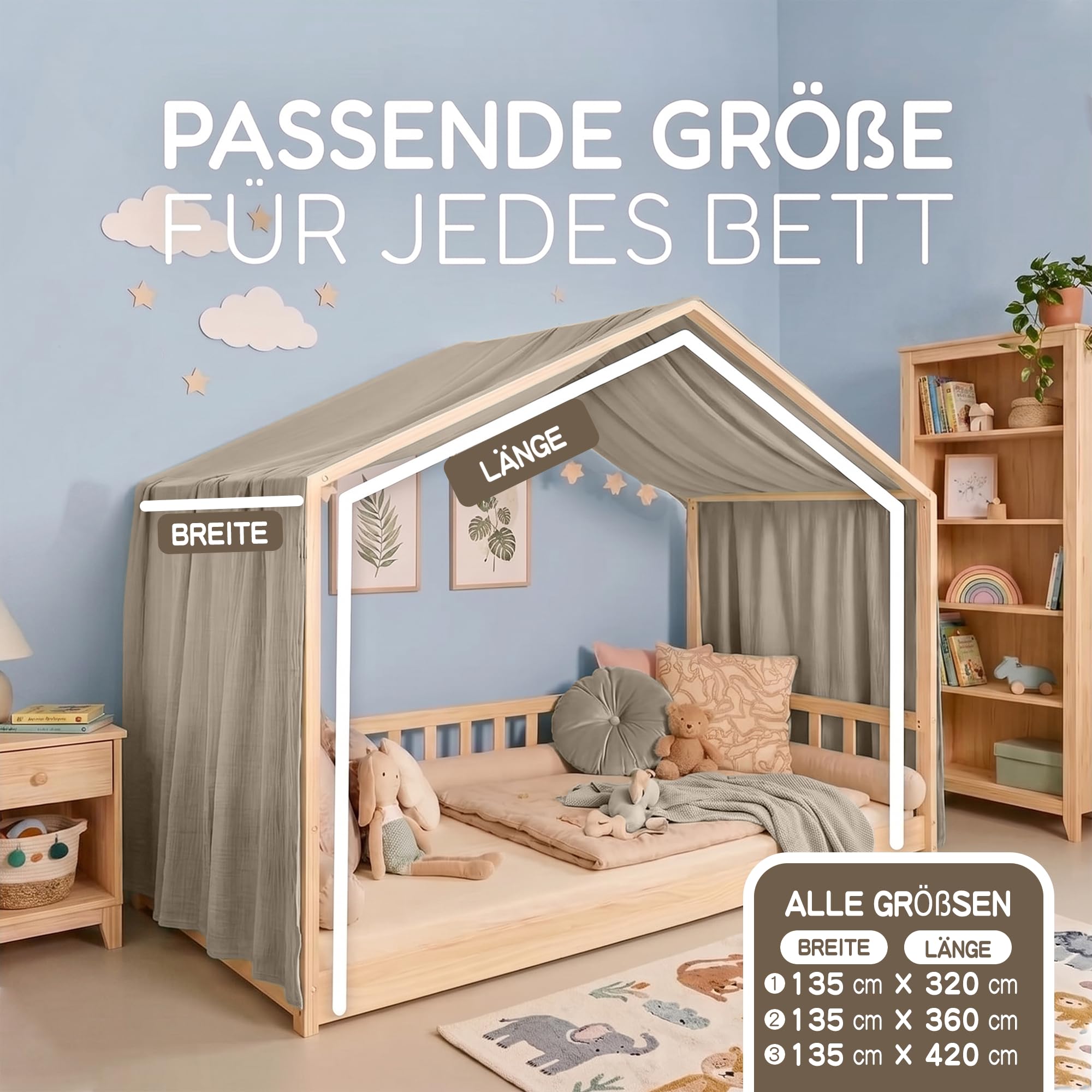 Hook Hausbett Himmel Deko Set, Betthimmel Hausbett aus Musselin - 1 Betthimmel & 1 Wimpelkette, für Jungen Mädchen Deko für Kinderzimmer, Baldachin Kinderzimmer Deko I 135 x 360cm Hellbeige