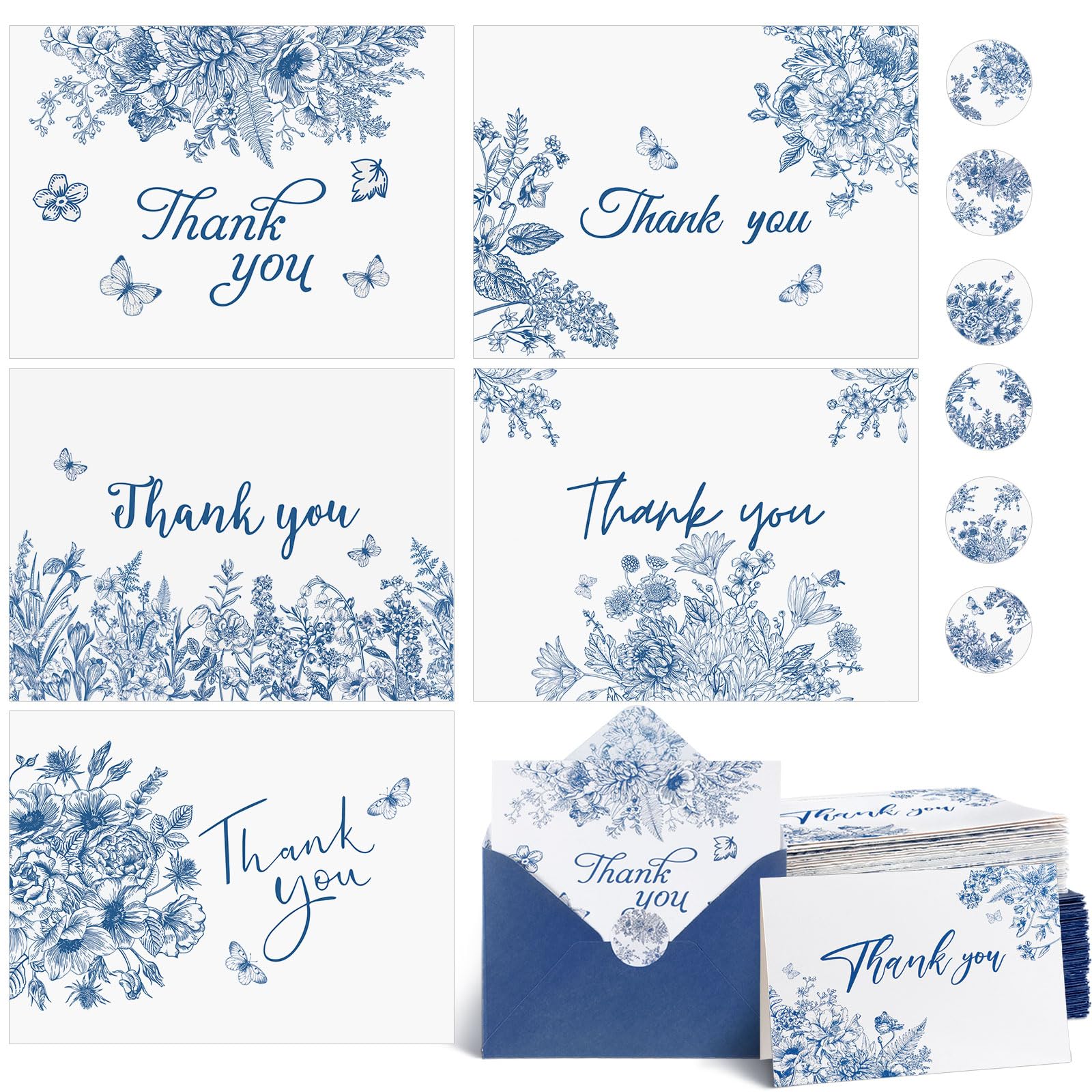 Motiskyy 60 juegos de tarjetas de agradecimiento florales azules con sobres, calcomanías de flores azules, 6 estilos, tarjetas de notas en blanco para boda, cumpleaños, suministros de fiesta temática