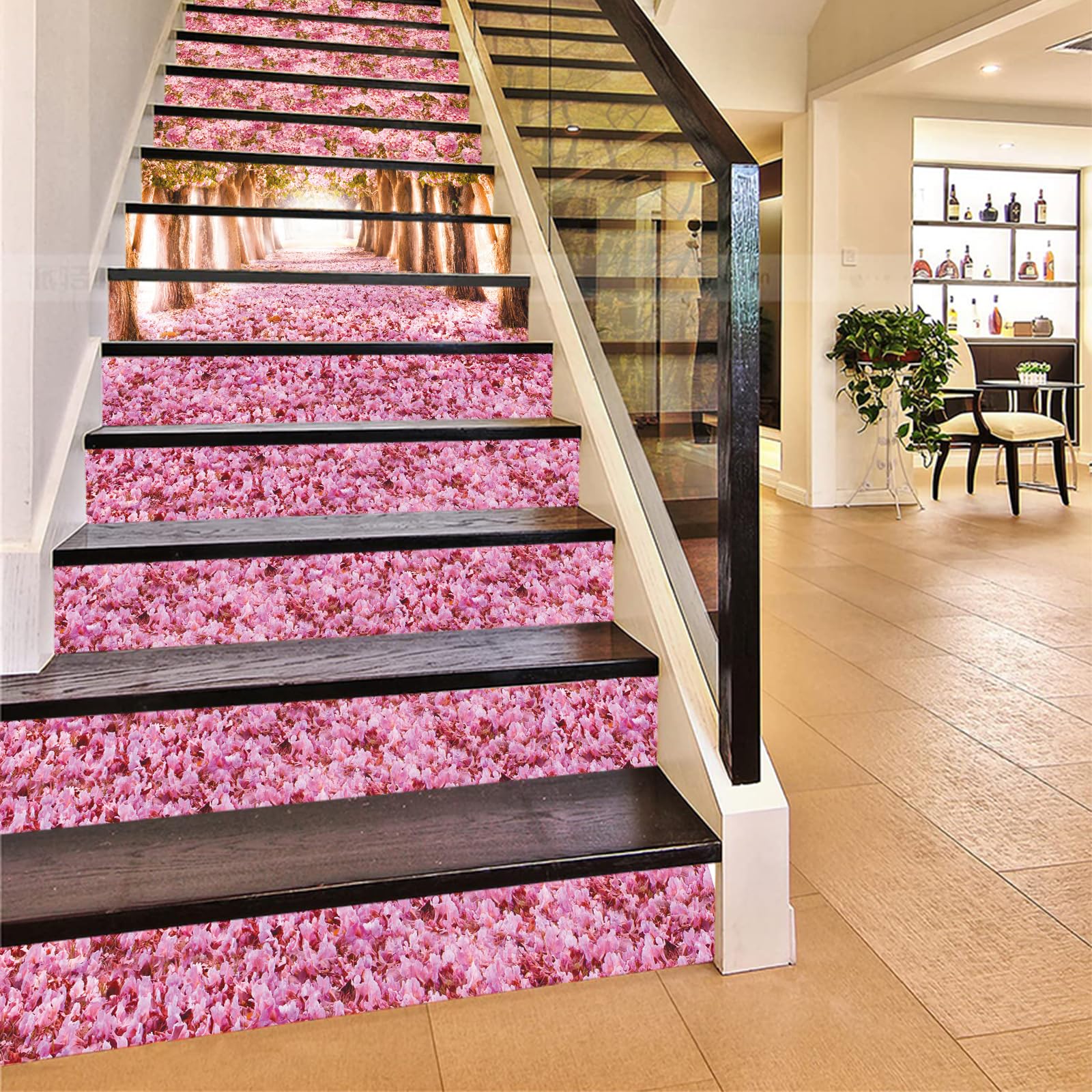 Flfk G1060 13Pcs Stair Risers Stickers Peel And Sick 39.37"X7.08",Self-Adhesive Staircase Stickers Decals, Pink Cherry Tree Mural Wallpaper For Stair Steps