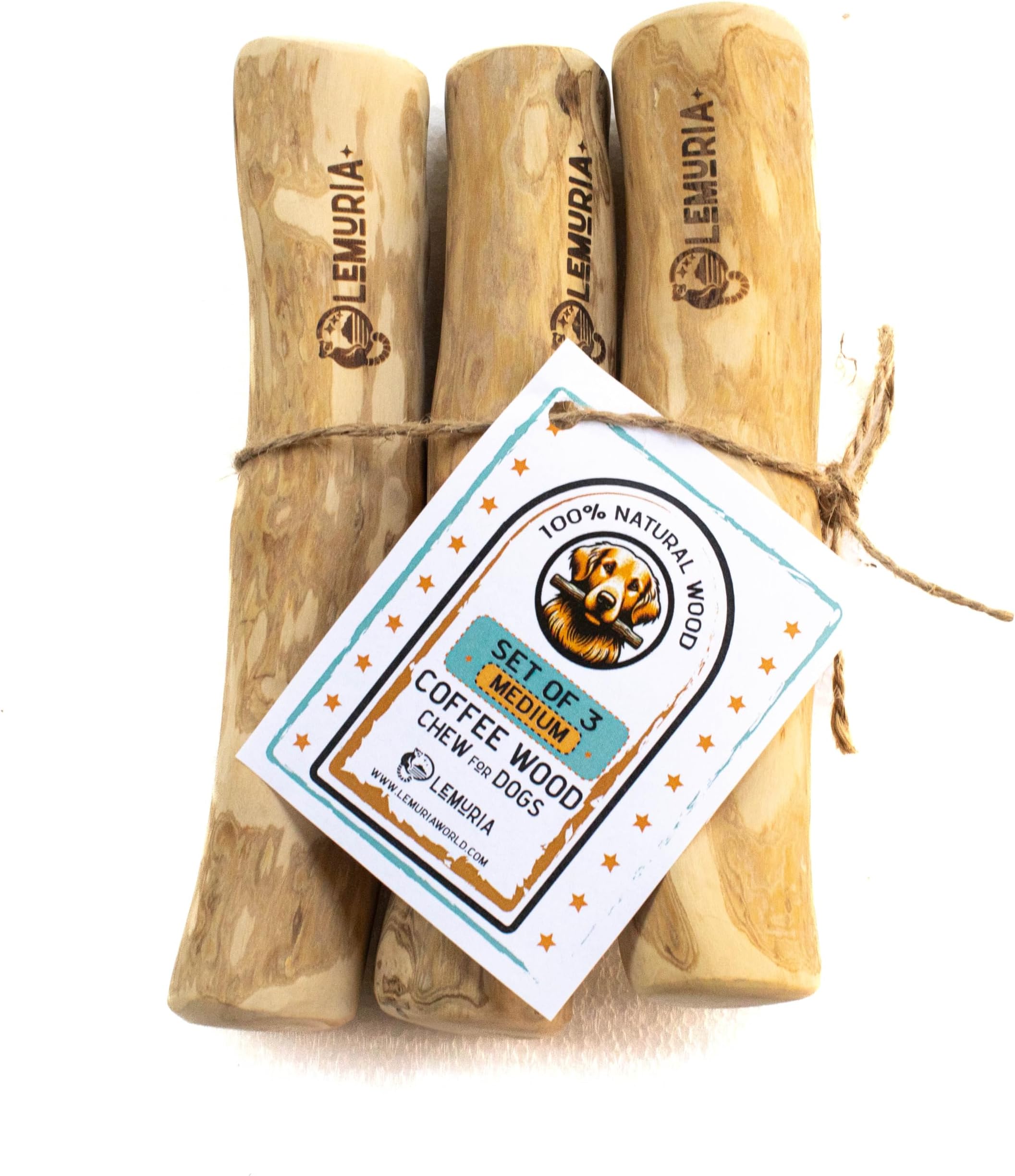 lemuria Set of 3 Coffee Wood Dog Chew Stick Toy, Natural Durable Real Wooden Bone Sticks for Dogs, Safe Dental Cleaning Chews for Teething Puppy, Stress Relief Toys for Large Dogs (Medium)