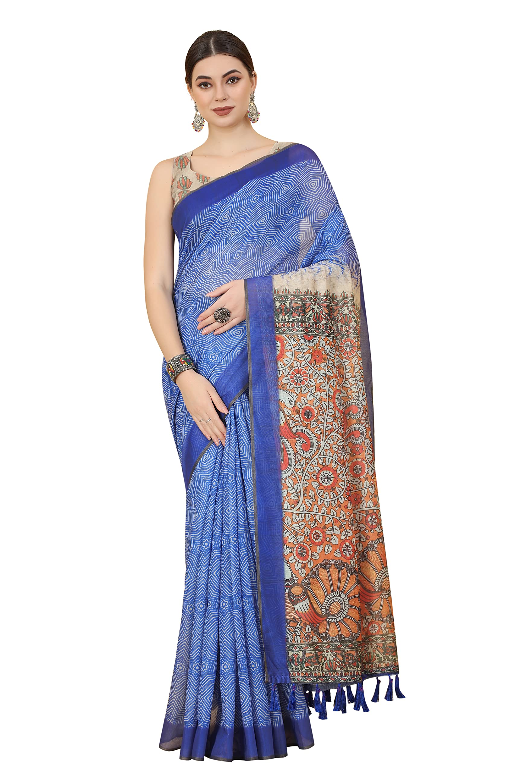 Amazon Brand - Anarva Women's Kalamkari Cotton Blend Digital Printed Saree(SZ-INDIGO-1419)