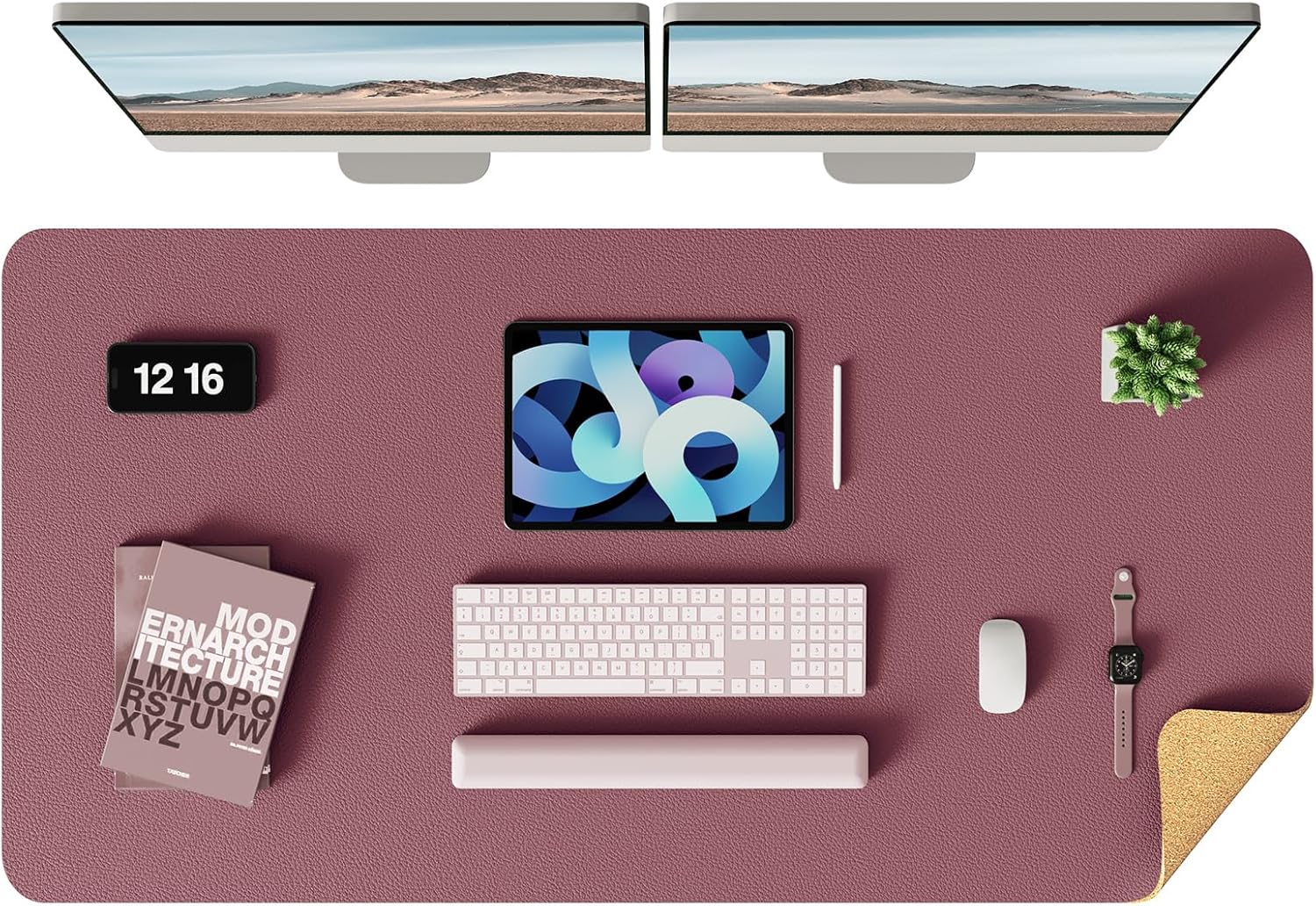 YSAGi Double-Sided Desk Pad, Leather Desk Mat, Eco Cork Desk Pad Protector, Large Mouse Pad for Desk, Waterproof Desk Blotter Pad, Desk Writing Pad for Office Work/Home(Cork+Dark Pink, 47.2" x 23.6") Cork+dark Pink 47.2" x 23.6"