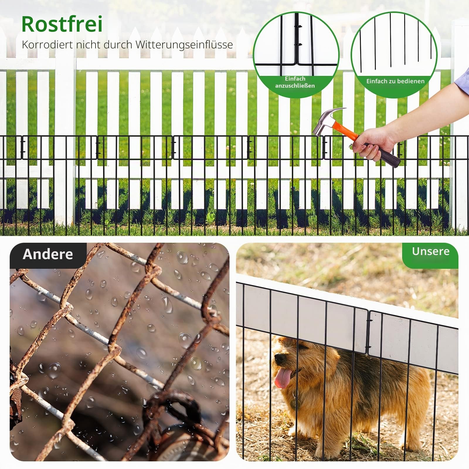 25 Stück Steck Gartenzaun Metall,43.2 cm (H) x7.8 m (L) Mobiler Zaun Camping Elemente,Begrenzungszaun für Weide Hunde Hühner Geflügel