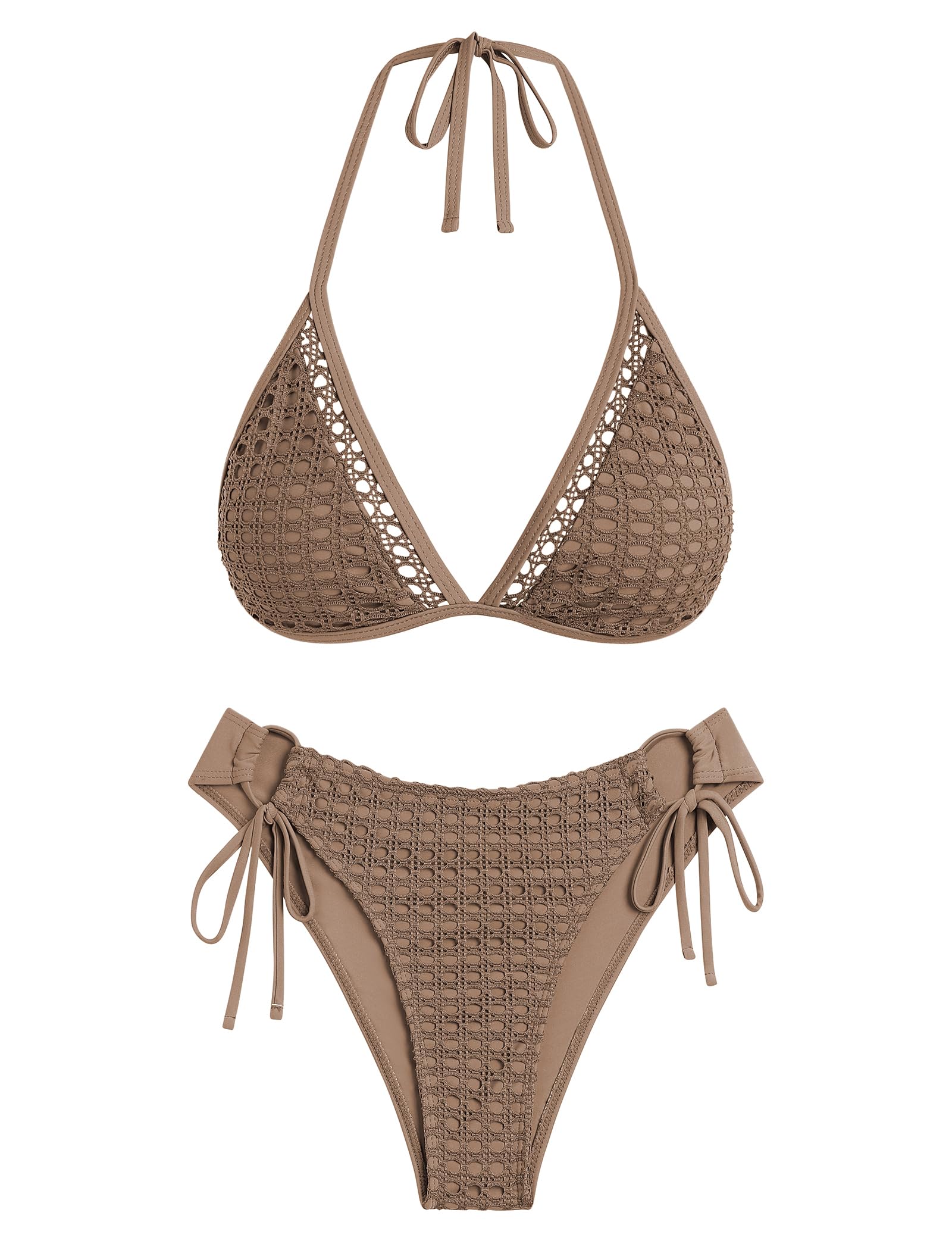 ZAFUL Womens Halter Triangle Bikini Set Crochet Boho Floral Swimsuit Cut Out Tie Side Two Piece Bathing Suit