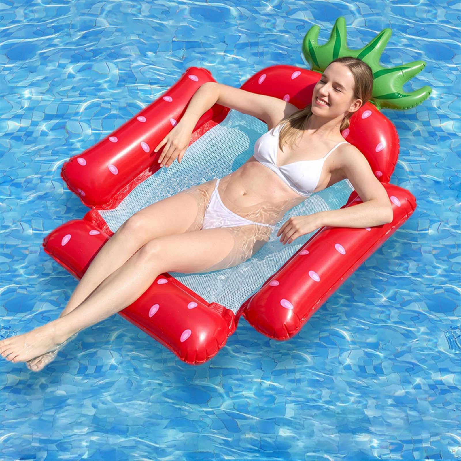HUANYO Pool Float, Inflatable Pool Floats for Adults, 4 in 1 Swimming Pool Floats Hammock, Water Hammock for Armchair, Mattress, Seat & Lounge, Premium Floating Mat for Summer Fun (strawberry bed)