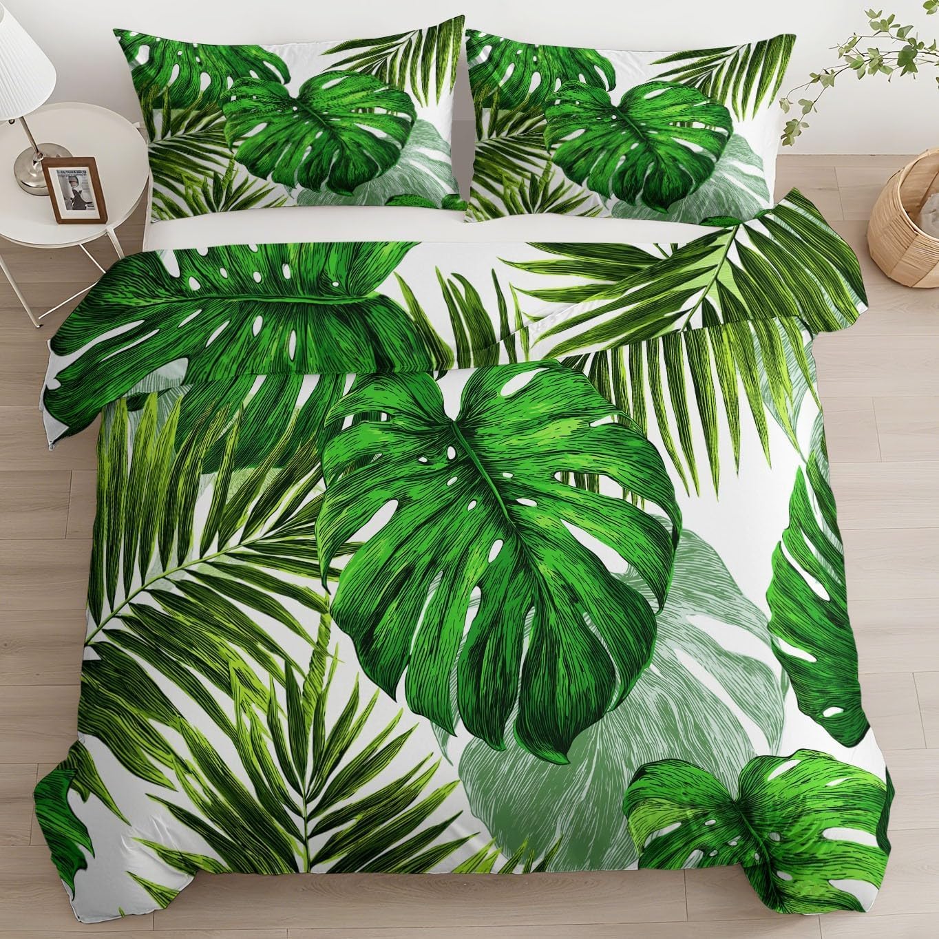 Funda Nórdica Cama 180 Hojas De Monstera y De Palmera Reversible Funda de Edredón 135 x 200 cm Follaje Selvático Juego de Ropa de Cama 3 Piezas en Microfibra Transpirable con 2 Fundas d-1148