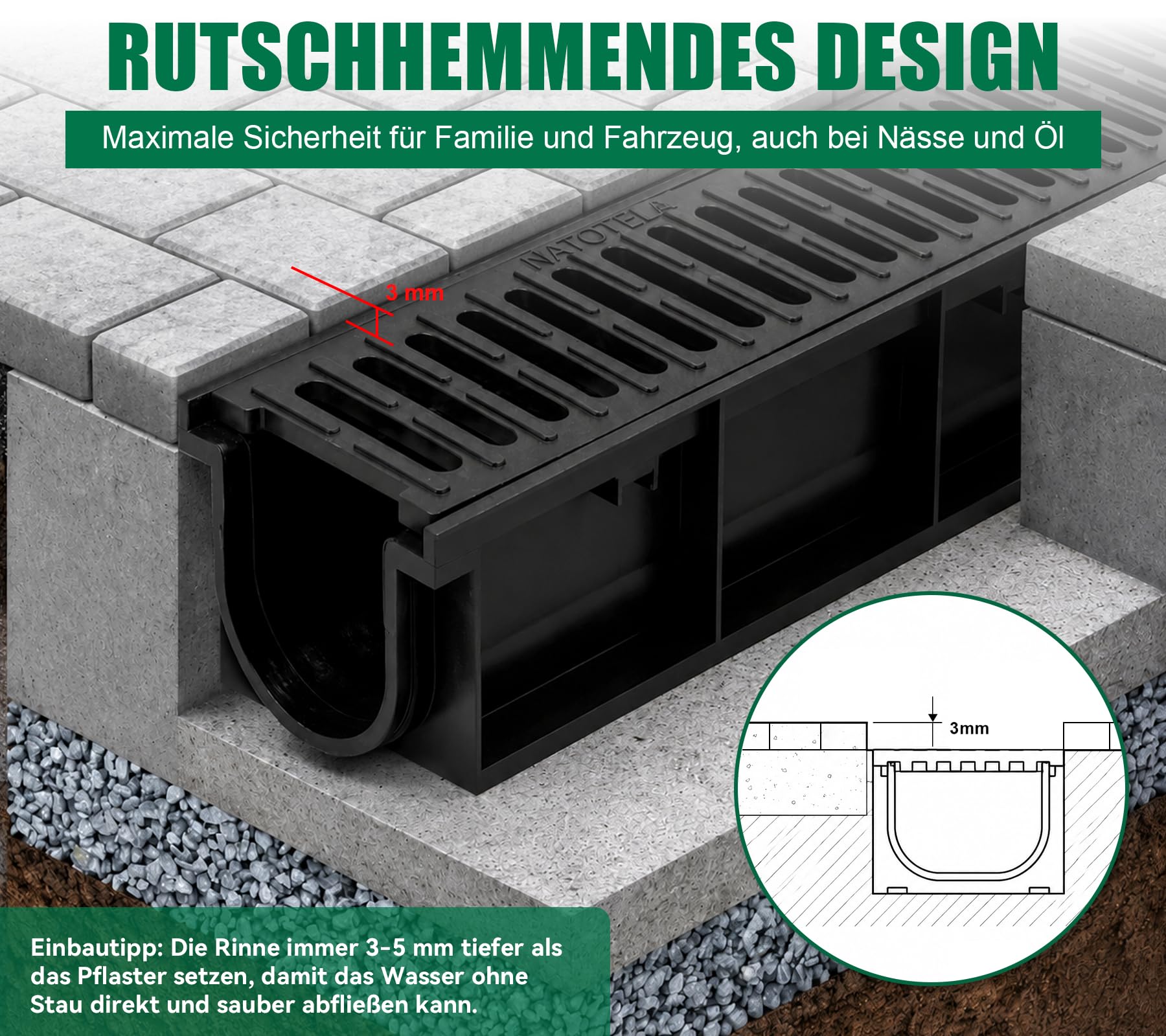 3m Entwässerungsrinne mit B125 Gussrost GJS - 1000 x 155 x 140 mm - Bodenrinne Ablaufrinne für Garage Einfahrt Parkplatz - Wetterfest Robust PKW-befahrbar bis 12,5 Tonnen - für KG-Rohr DN 110