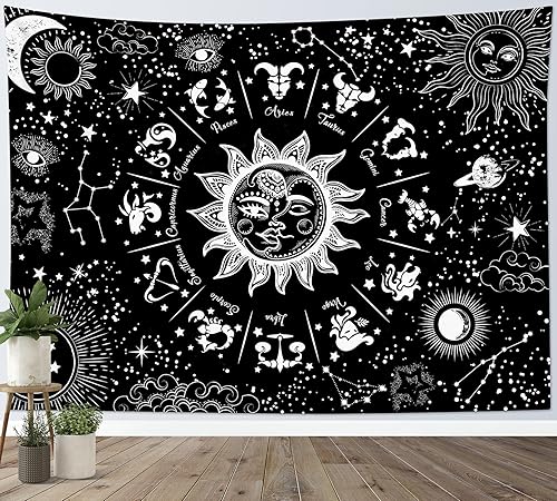 Tapiz para colgar en la pared, diseño del zodiaco blanco y negro de HVEST para habitación adolescente, decoración indie, póster de astrología para