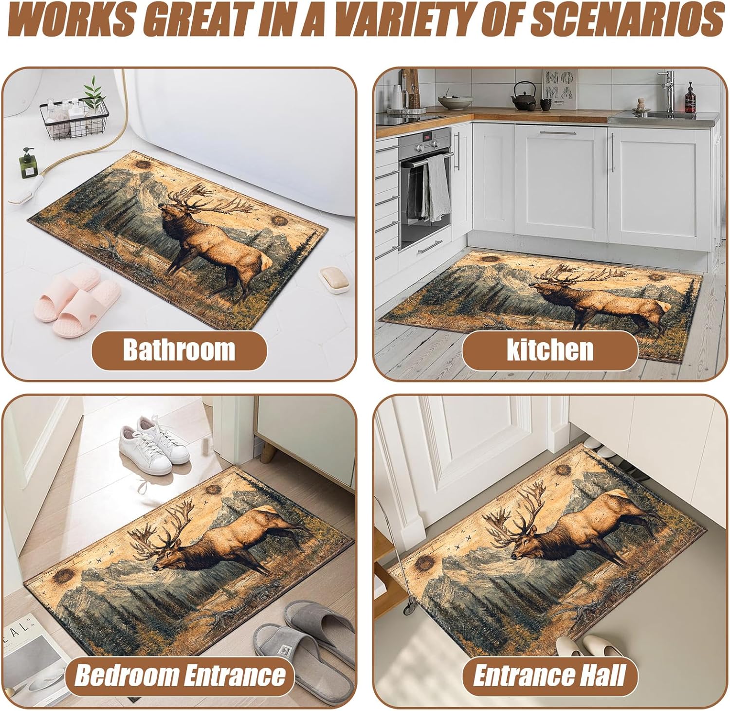 Rustic Cabin Bath Mat,Forest Deer Bathroom Rug,Shower Mats for Bathtub Shower Room Sinks,Non-Slip Floor Mats Soft Doormats for Home Decor 17x30 Inch