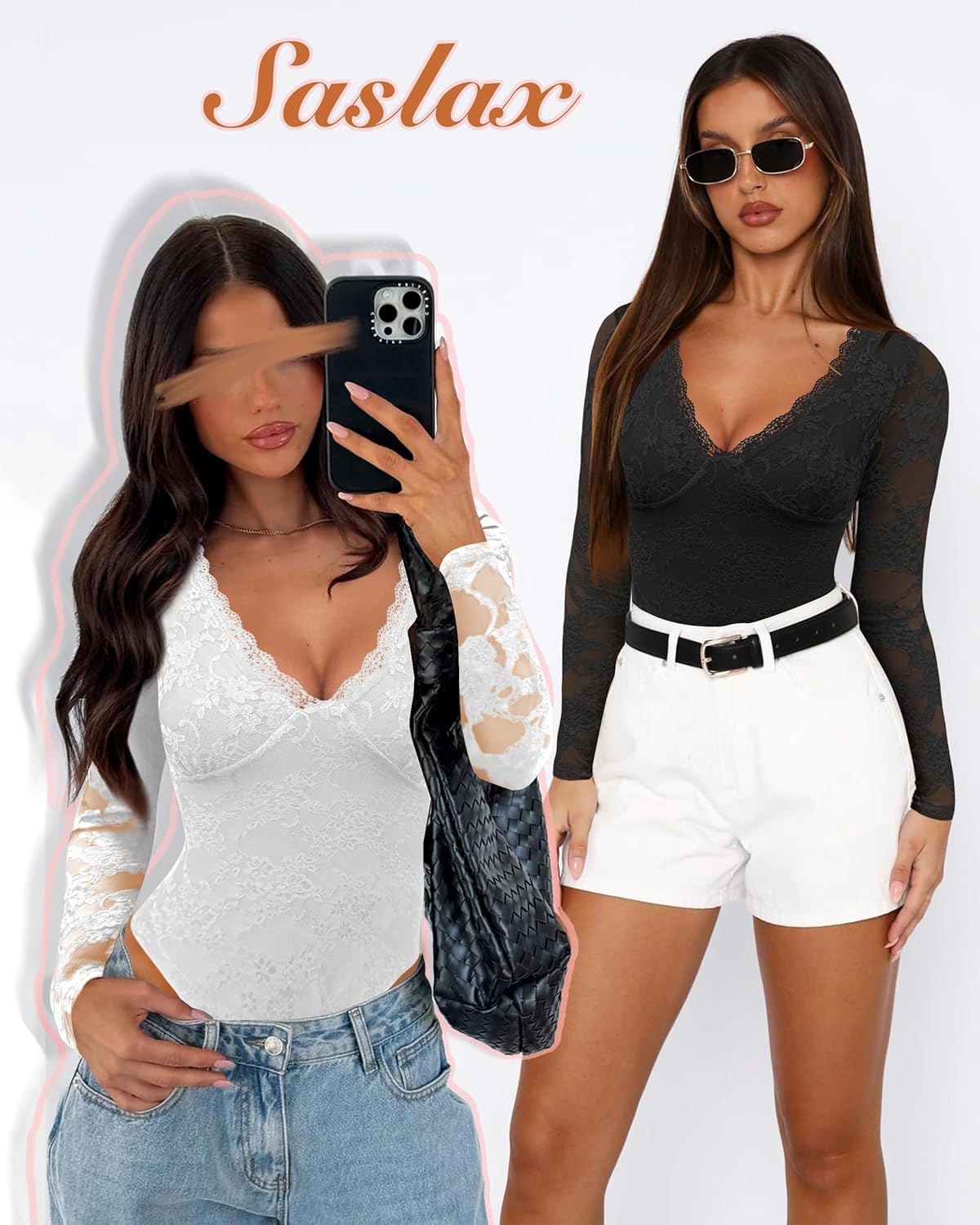 Saslax Women's Lace Bodysuit Sexy Deep V Neck Long Sleeve Body Suits Thong Slim Fit Double Lined Y2K Going Out Tops - Image 4