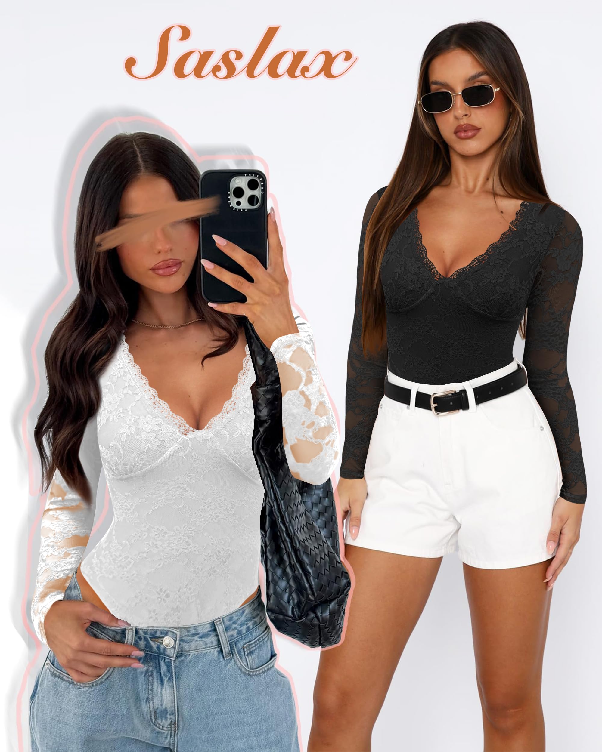 Saslax Body de encaje para mujer, sexy, cuello en V profundo, manga larga, tanga, ajuste delgado, doble forro, Y2K, tops para salir