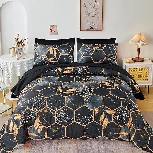 ZRNBAST Juego de edredón negro de panal de abeja de 7 piezas, tamaño matrimonial, juego de ropa de cama hexagonal 100% microfibra, juego de edredón