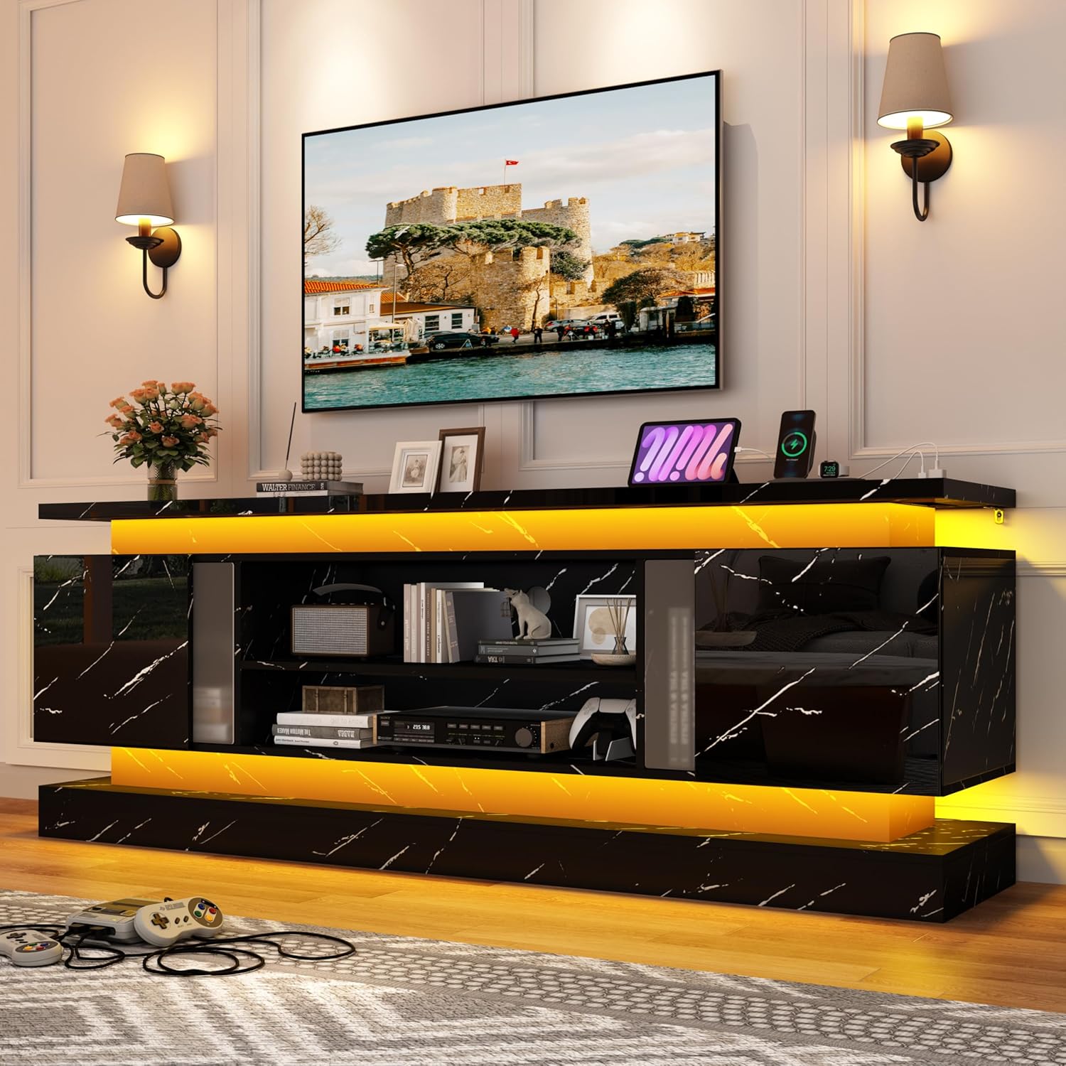 71" 2 LED Marble TV Stand for TVs 85 inch,High Gloss Gaming Tall Entertainment Center w/Power Outlet,6000-Colors LED Lights,Modern TV Media Console Table with 2 Cabinets for Living Room,White Marble