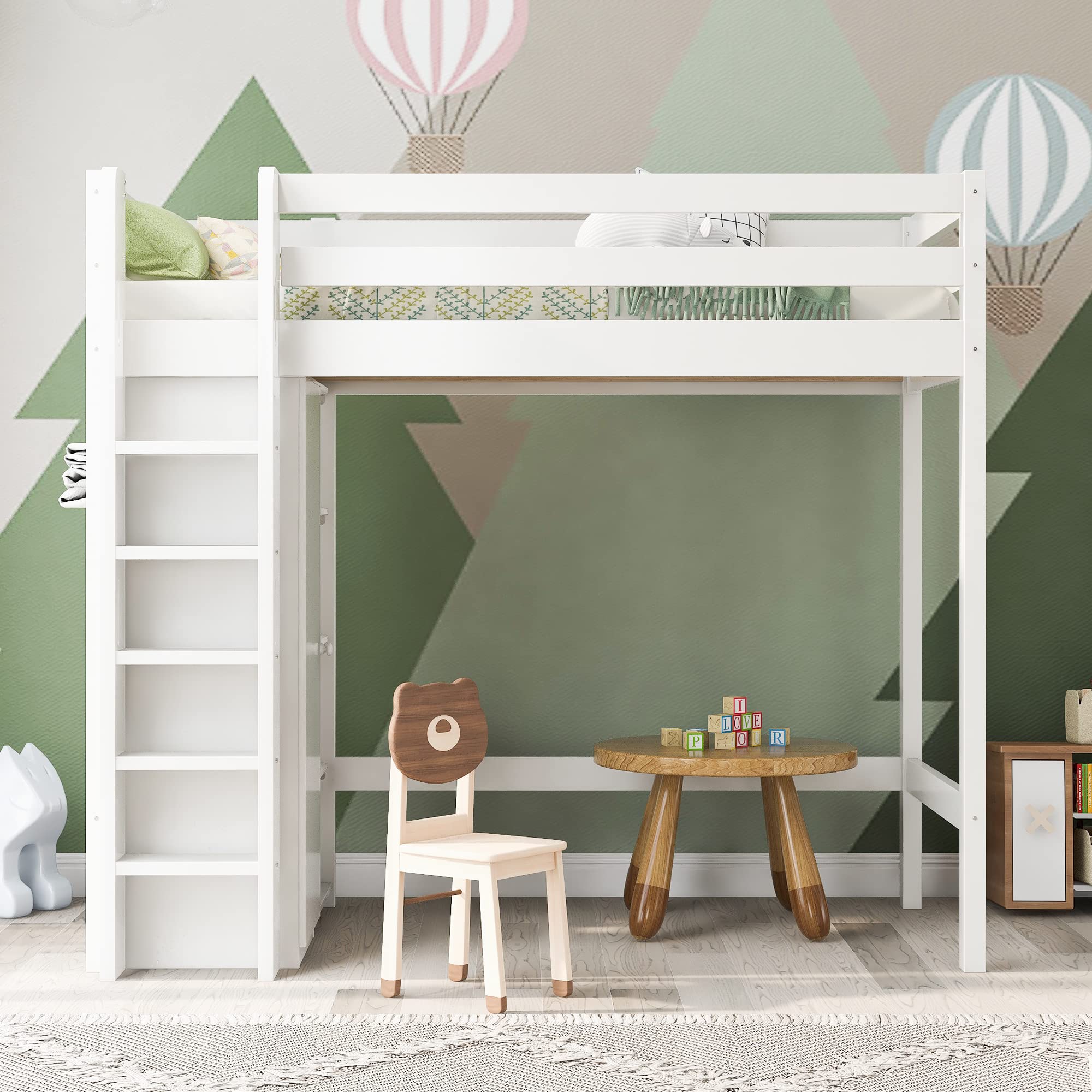 Merax Hochbett 90x200 cm, Kinderbett aus Holz mit Rausfallschutz und Treppe, Jugendzimmer mit Kleiderschrank und 6 Regalen, Vielseitiges Einzelbett mit Lattenrost, Spielbett für Jungen Mädchen, Weiß
