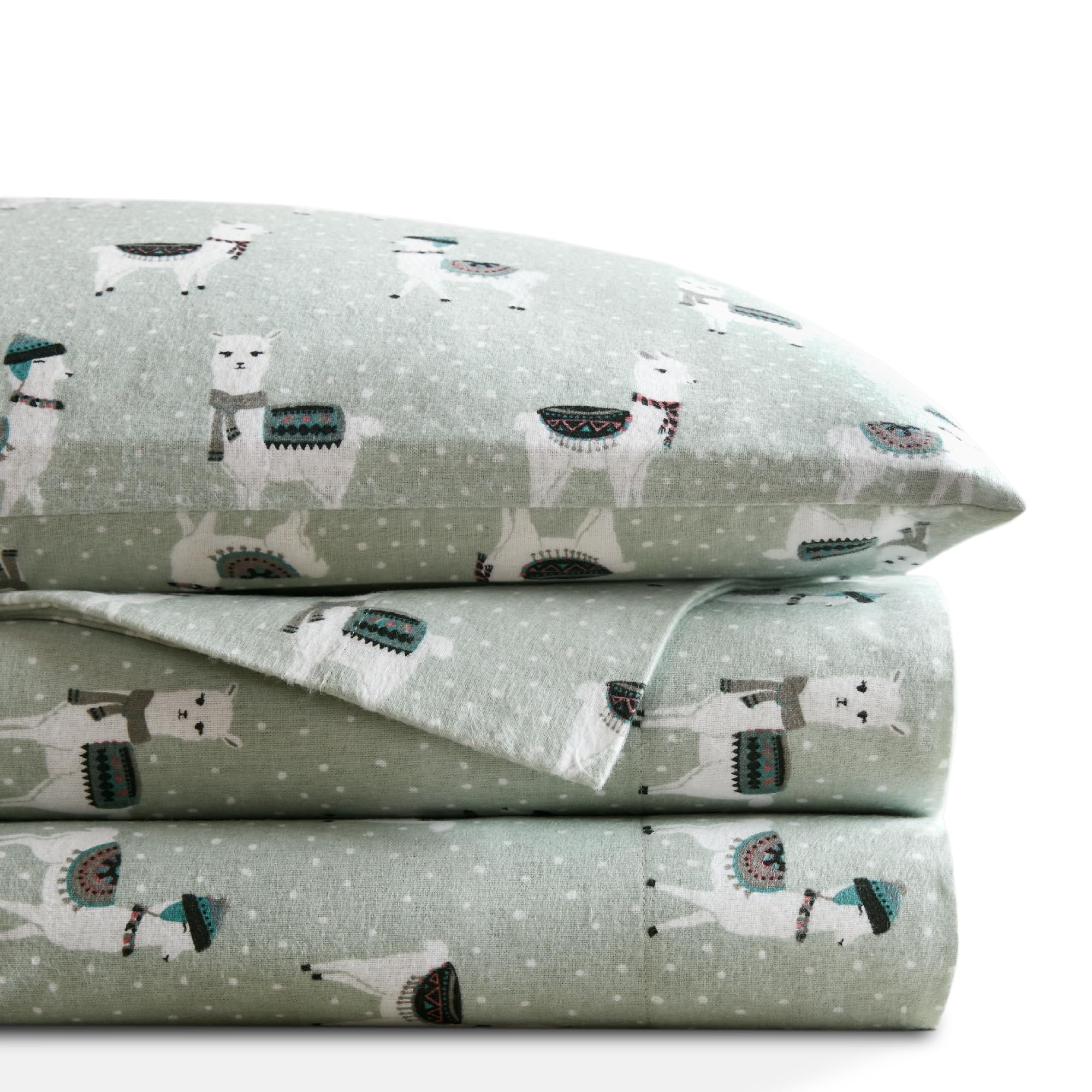 CodiFlannel Sheets Queen Size- 4 Pieces Ultra Soft Warm Sheet Set, Cozy 100% Cotton Bedsheets, Novelty Printed Bedding Sets, 14 Inch Deep Pocket, Seafoam Llama